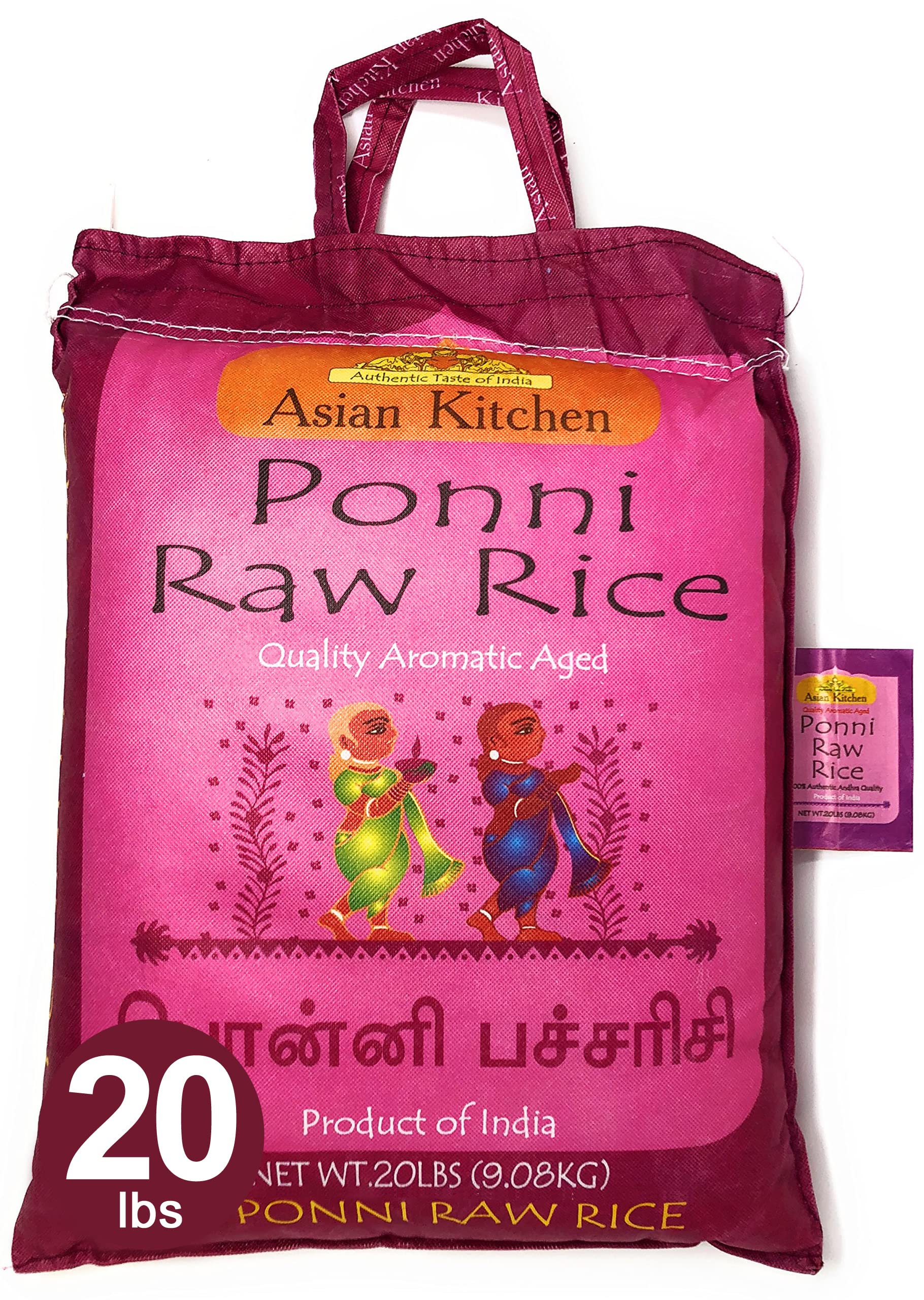 **Ponni Raw Short Grain Rice - 20lb (9.08kg) Bag | All Natural, Gluten-Free, Vegan | Premium Indian Origin Rice for Sushi, Biryani & Daily Cooking**