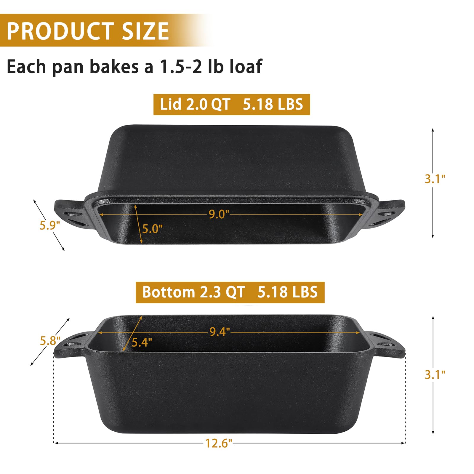9x5 Inch Cast Iron Loaf Pan with Lid - Premium Bread Baking Pan Set of 2 for Homemade Sourdough, Banana Bread & Artisan Loaves | Perfect for Oven, Camping & Gift Giving