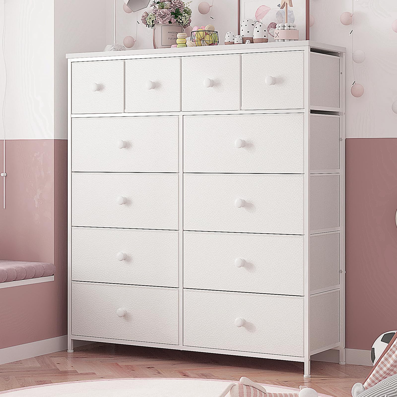 EnHomee 12-Drawer White Dresser for Bedroom - Wood Top & Metal Frame Tall Chest of Drawers - Perfect for Girls Room, Living Room, Hallway & Closet Organization - Ideal for Clothes, Toys & Home Storage