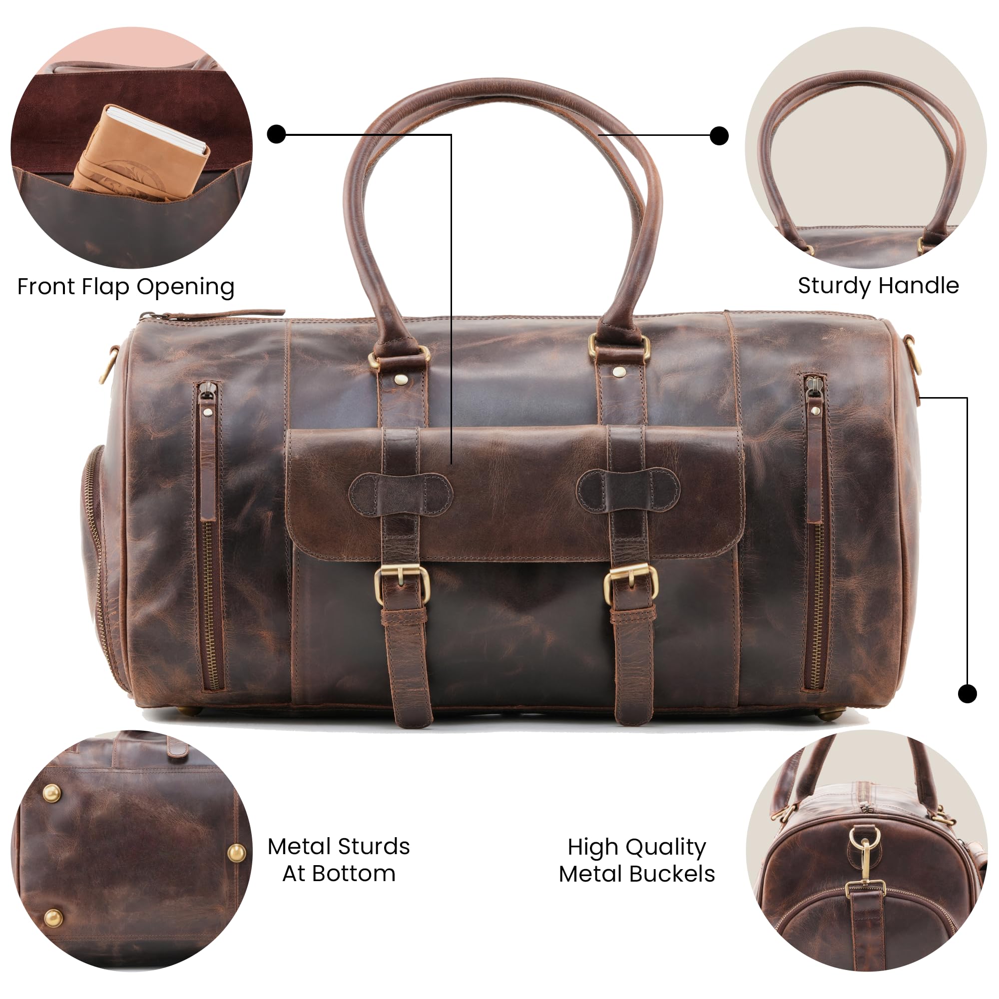 Handmade Genuine Buffalo Leather Duffle Bag - 21 Inch Gym & Travel Weekender Overnight Bag - TSA Approved Carry-on Luggage for Men & Women - Perfect for Gym, Business Trips & Weekend Getaways