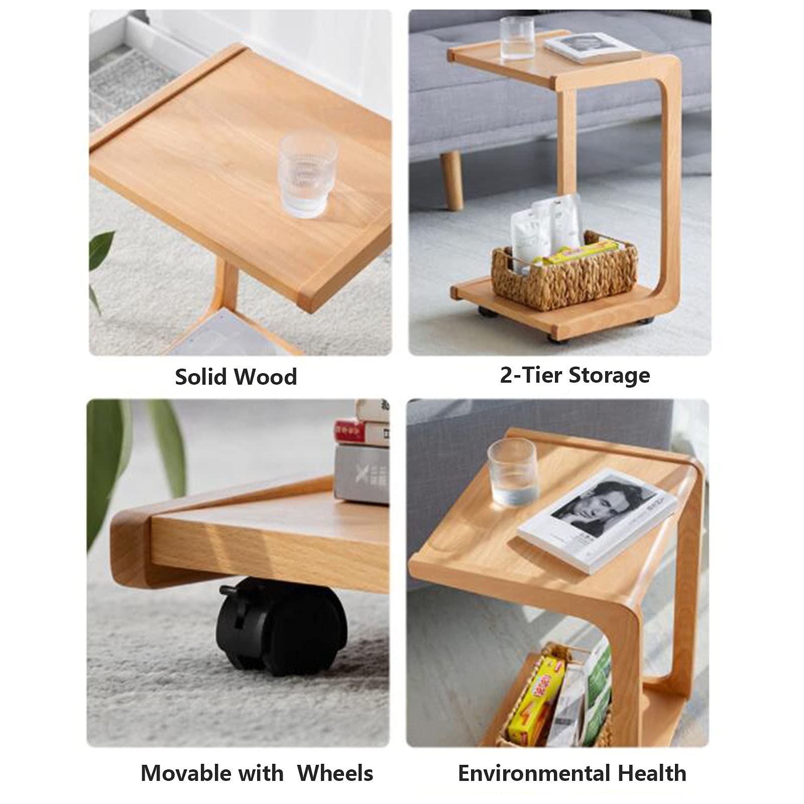 FUFU C-Shaped Side Table with Wheels - 2-Tier Wooden End Table for Sofa, Couch, Bed - Portable Snack Table for Living Room & Bedroom - Perfect for Small Spaces, TV Dinners, and Reading Nooks