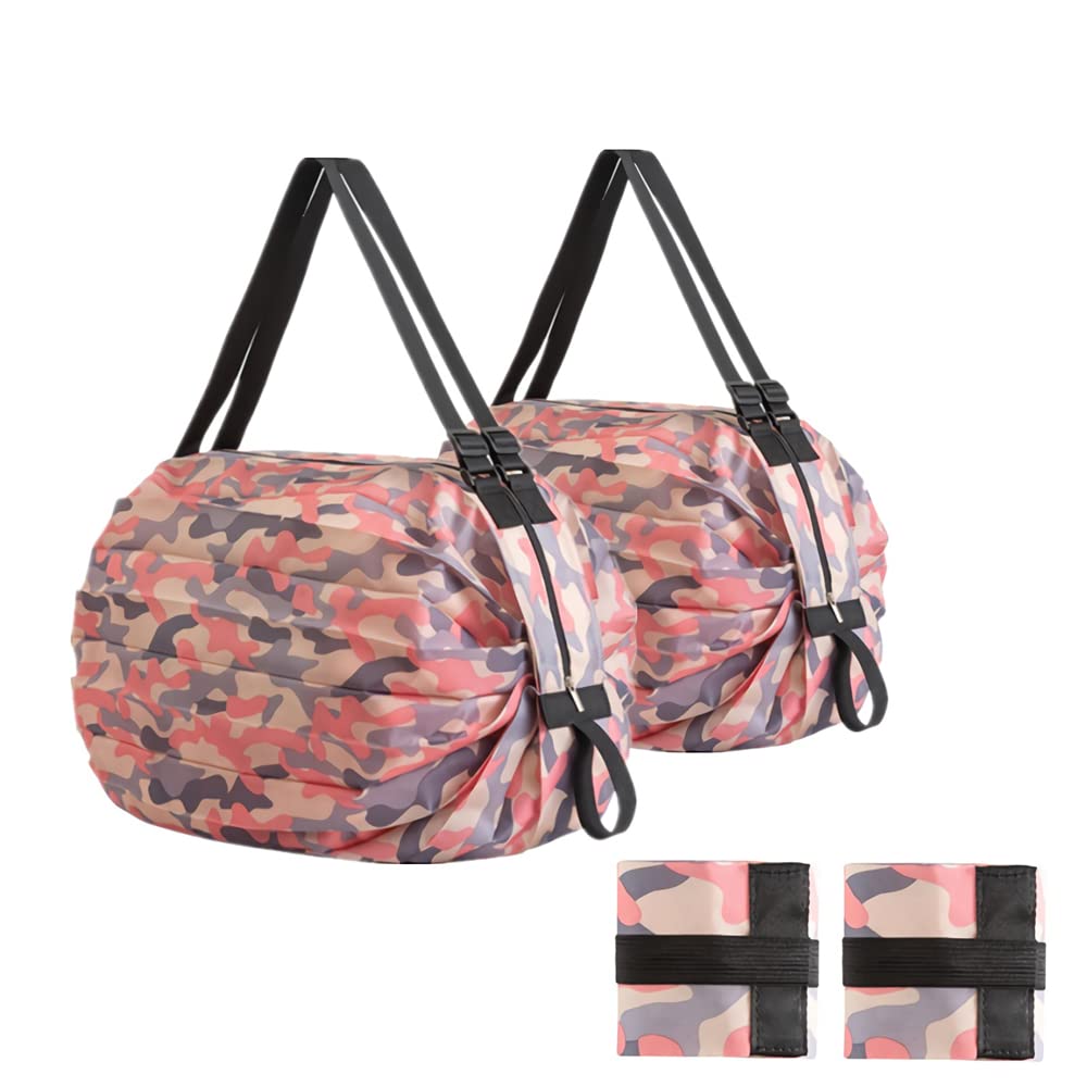 2-Pack Reusable Grocery Bags with Handles - Foldable, Washable & Waterproof Large Capacity Shopping Tote Bags - Pink Camouflage Design - Perfect for Groceries, Beach Trips & Travel (Q85)