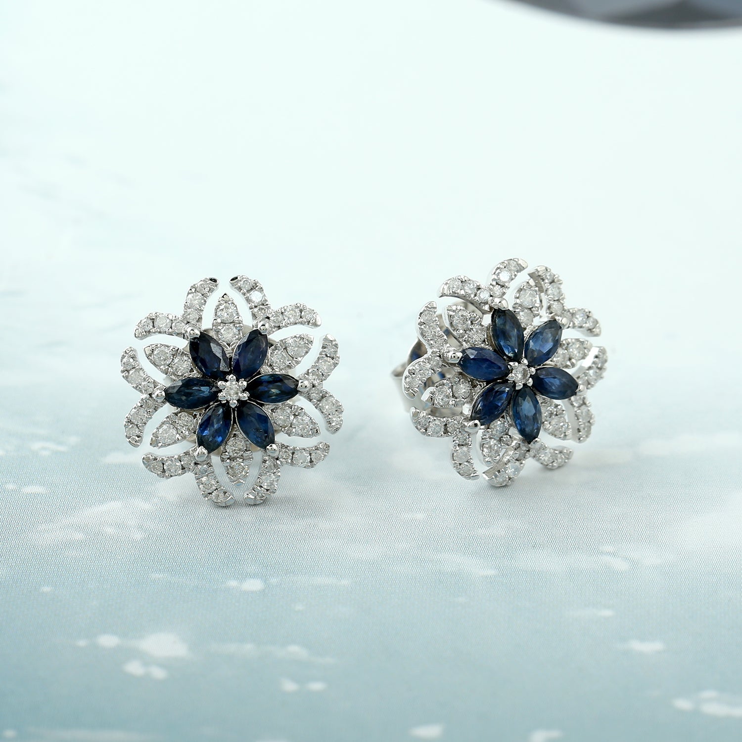 Exquisite 18K White Gold Marquise Blue Sapphire & Diamond Floral Stud Earrings for Women | Elegant Gift for Weddings, Anniversaries & Special Occasions