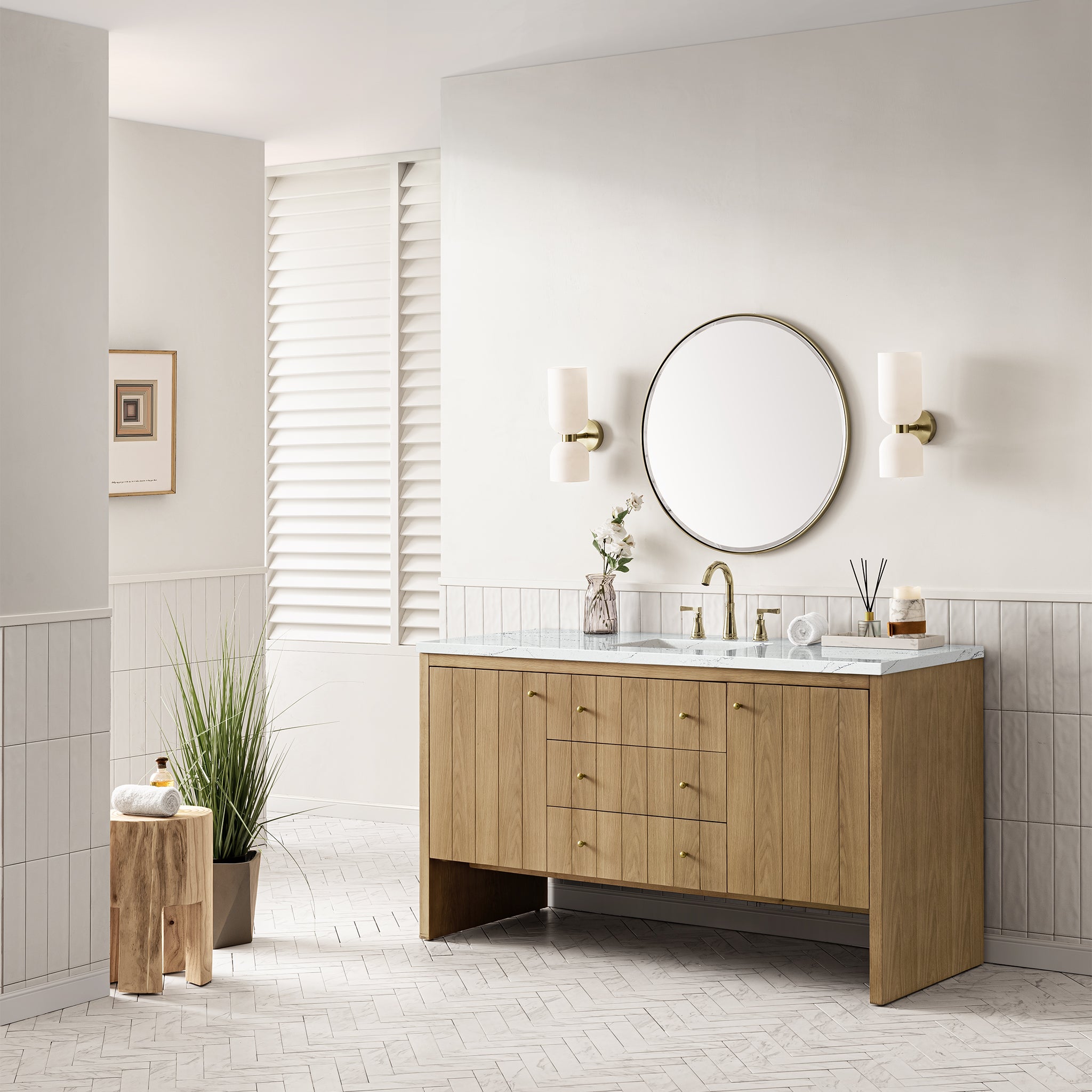 Hudson 60 Inch Single Bathroom Vanity with Light Natural Oak Finish and 3CM Ethereal Noctis Quartz Countertop - Perfect for Modern Master Bathrooms and Powder Rooms