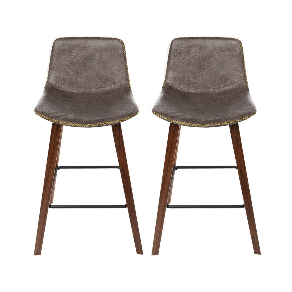 Premium Leather & Wooden Bar Stools Set of 2 - Adjustable Height Kitchen Counter Stools for Breakfast Nook, Home Bar & Dining Area
