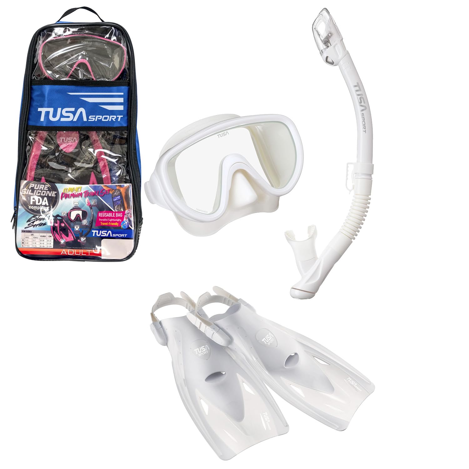TUSA Sport Adult Powerview Snorkeling Set - Dry Snorkel Mask with Comfortable Fins for Scuba Diving & Swimming | Perfect for Travel, Beach Vacations & Underwater Adventures