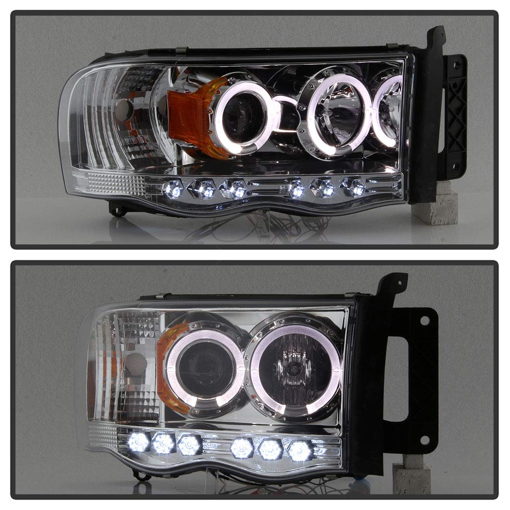 ACANII LED Halo Ring Projector Headlights Assembly for 2002-2005 Dodge Ram 1500/2500/3500 - Chrome Housing, Bright White Light - Perfect for Night Driving & Off-Road Adventures