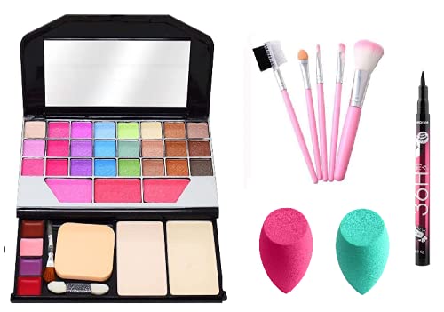 Complete Makeup Kit for Girls - 5 Piece Makeup Brush Set, 2 Blender Puffs & 36H Waterproof Black Liquid Eyeliner | Perfect for Teens, Beginners & Professional Makeup Artists | Great for Parties, Cosplay & Everyday Glam