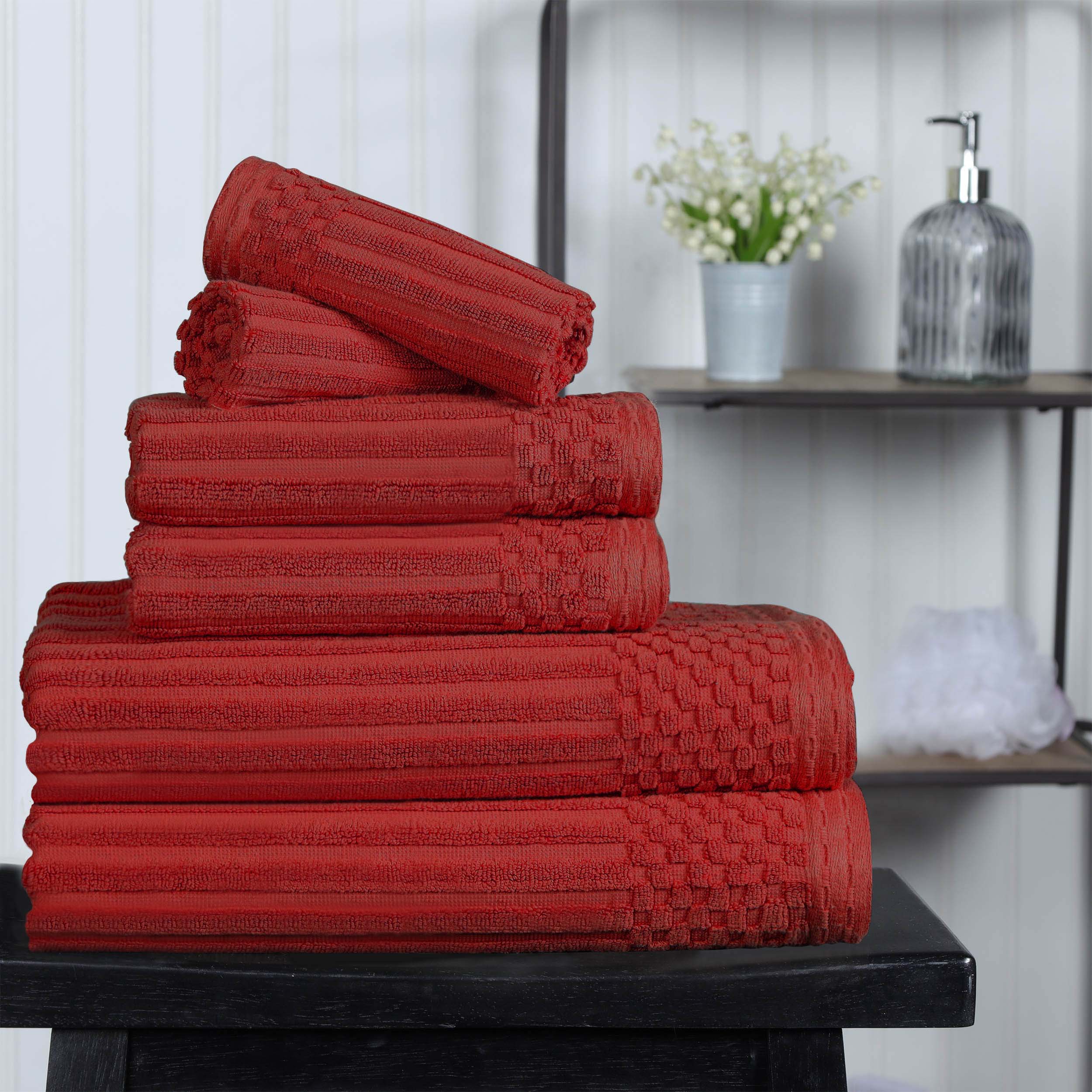 Premium 6-Piece Cotton Ribbed Textured Towel Set - Medium Weight, Soft & Absorbent Bath Towels for Spa, Gym, and Everyday Use