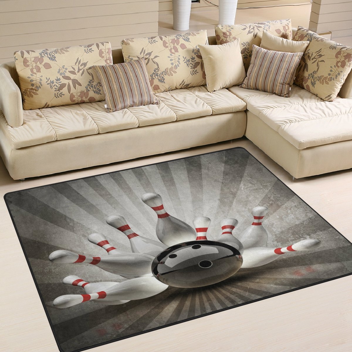 Vintage Bowling Ball Sport Area Rug - 7' x 5' Non-Slip Living Room & Bedroom Rug - Perfect for Game Rooms, Man Caves & Sports-Themed Decor