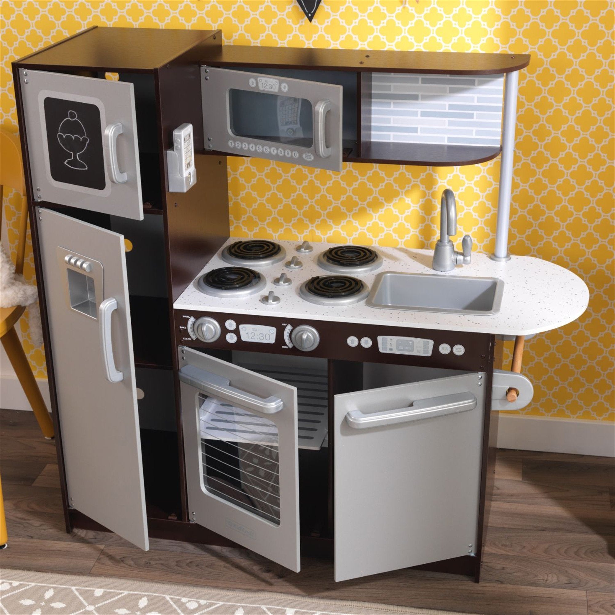 KidKraft Uptown Espresso Wooden Play Kitchen for Kids - Pretend Cooking Toy with Sink, Stove & Accessories - Perfect for Imaginative Play, Preschool Learning & Birthday Gifts