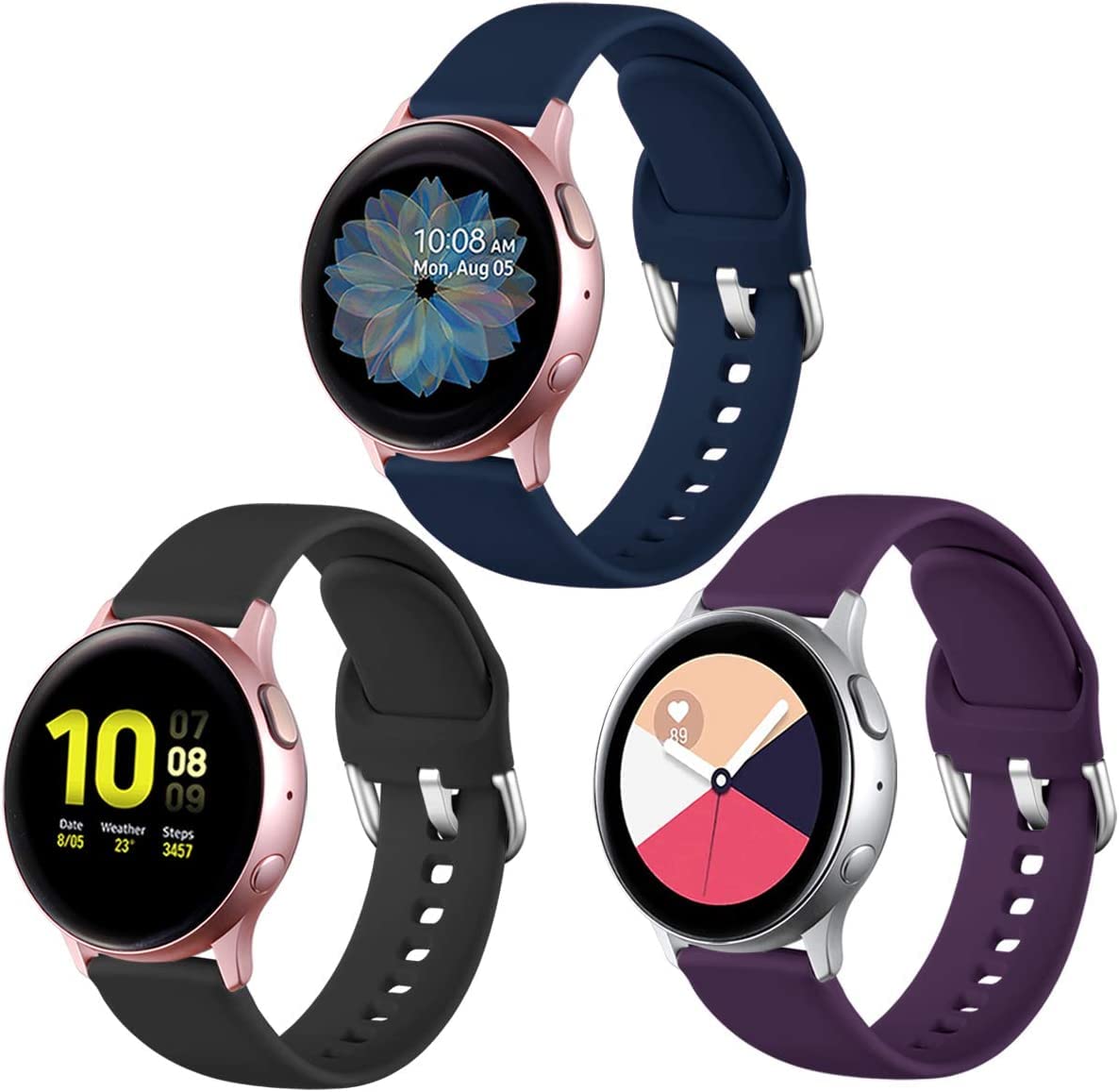Lerobo 20mm Silicone Sport Watch Bands 3-Pack - Compatible with Samsung Galaxy Active 2 (40mm/44mm), Galaxy Watch 3 (41mm), Galaxy Watch (42mm) - Small Size, Black/Navy Blue/Purple - Perfect for Running, Gym & Outdoor Activities