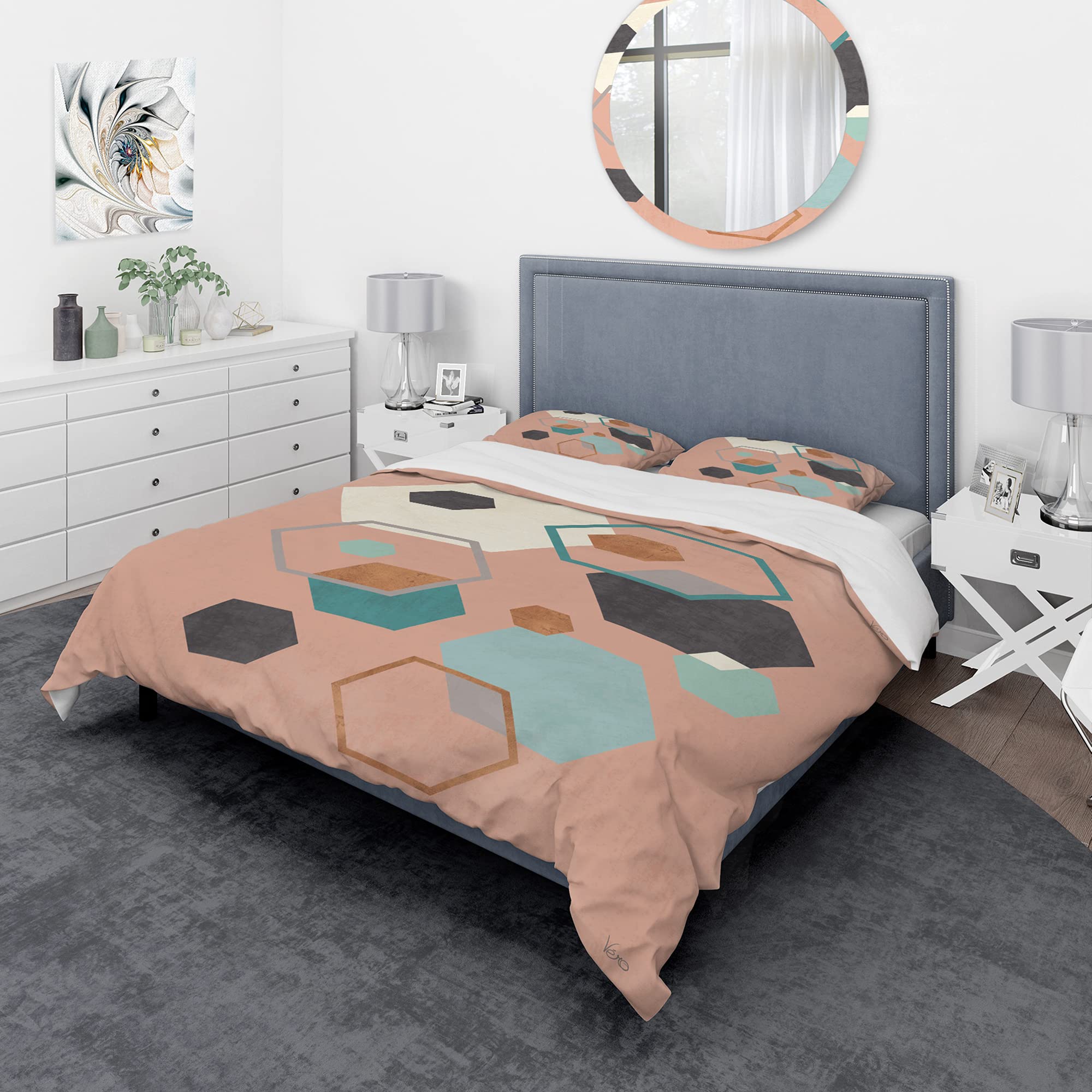 DesignQ Geometric Hexagon Pattern Mid-Century Modern Duvet Cover Set - Twin Size 3-Piece Abstract Bedding in Multi-Colors | All-Season Comfort for Bedroom, Guest Room & Dorm Decor