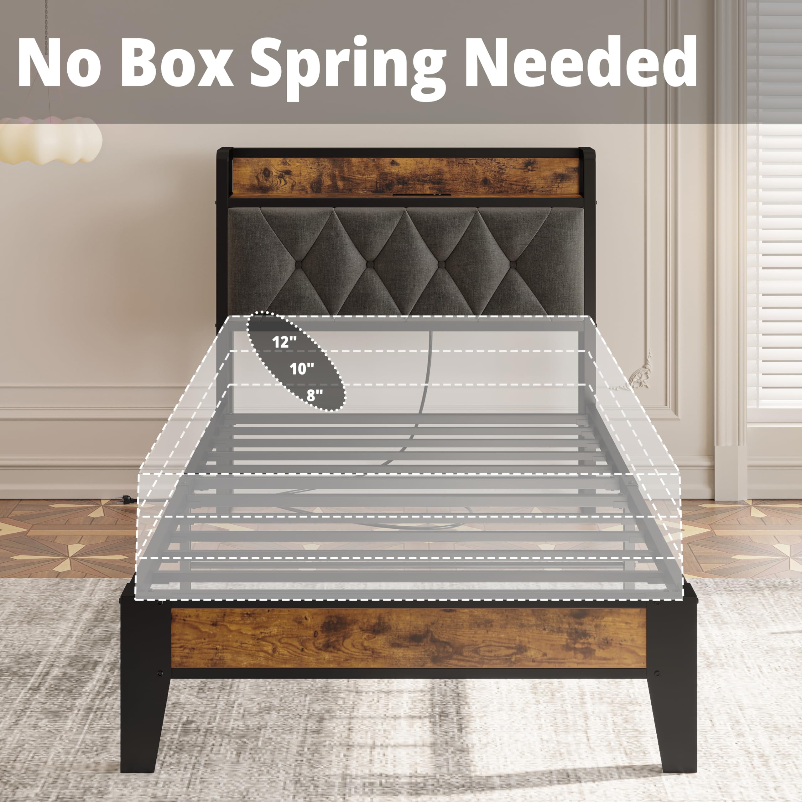 ANCTOR Twin Bed Frame with Storage Headboard & USB Outlets - Easy Assembly, Sturdy Metal Platform Bed, Quiet & No Box Spring Needed - Ideal for Small Bedrooms, Guest Rooms & College Dorms