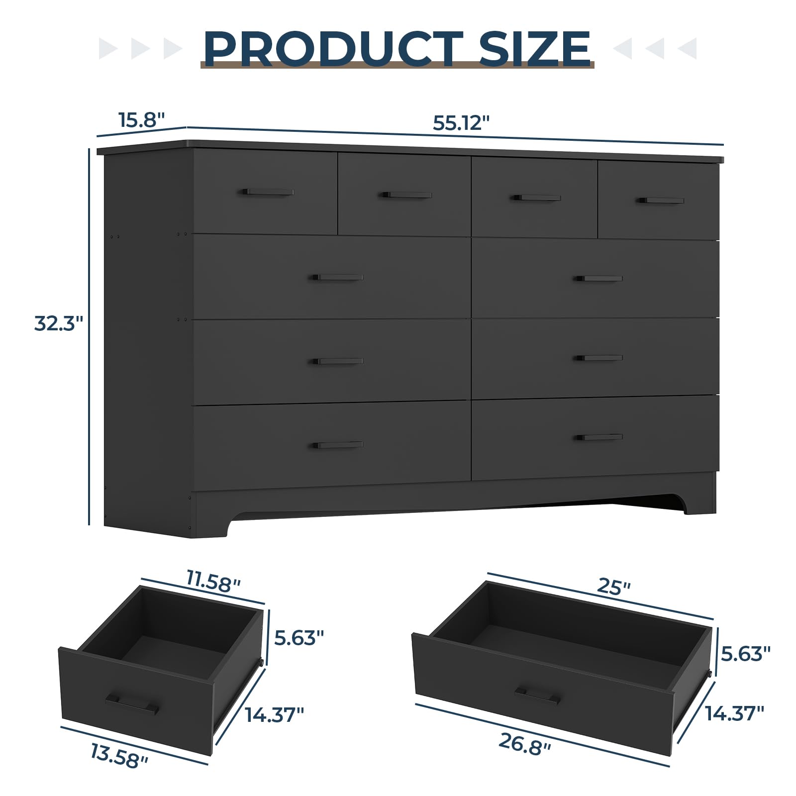 DICTAC 10-Drawer Black Dresser for Bedroom - Large Storage Chest Organizer with Power Outlets, 55.1