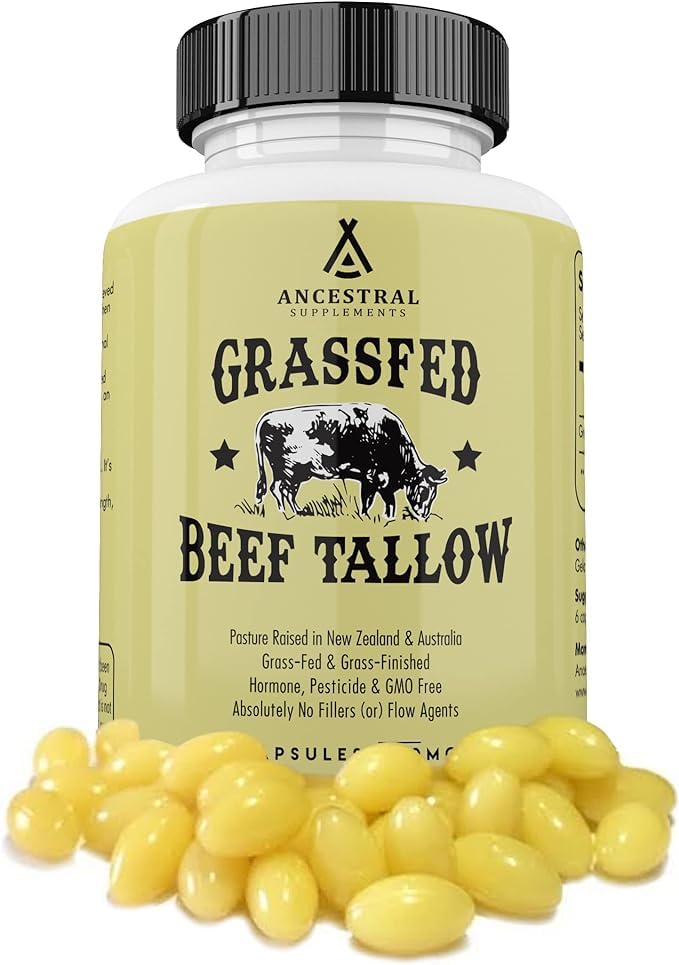 Ancestral Supplements Grass Fed Beef Tallow Capsules 3000mg - Natural Kidney Fat Supplement for Bone, Teeth, Gum & Skin Health - Supports Immune System & Overall Wellness - Non-GMO, 180 Capsules - Ideal for Keto, Paleo & Ancestral Diet Lovers