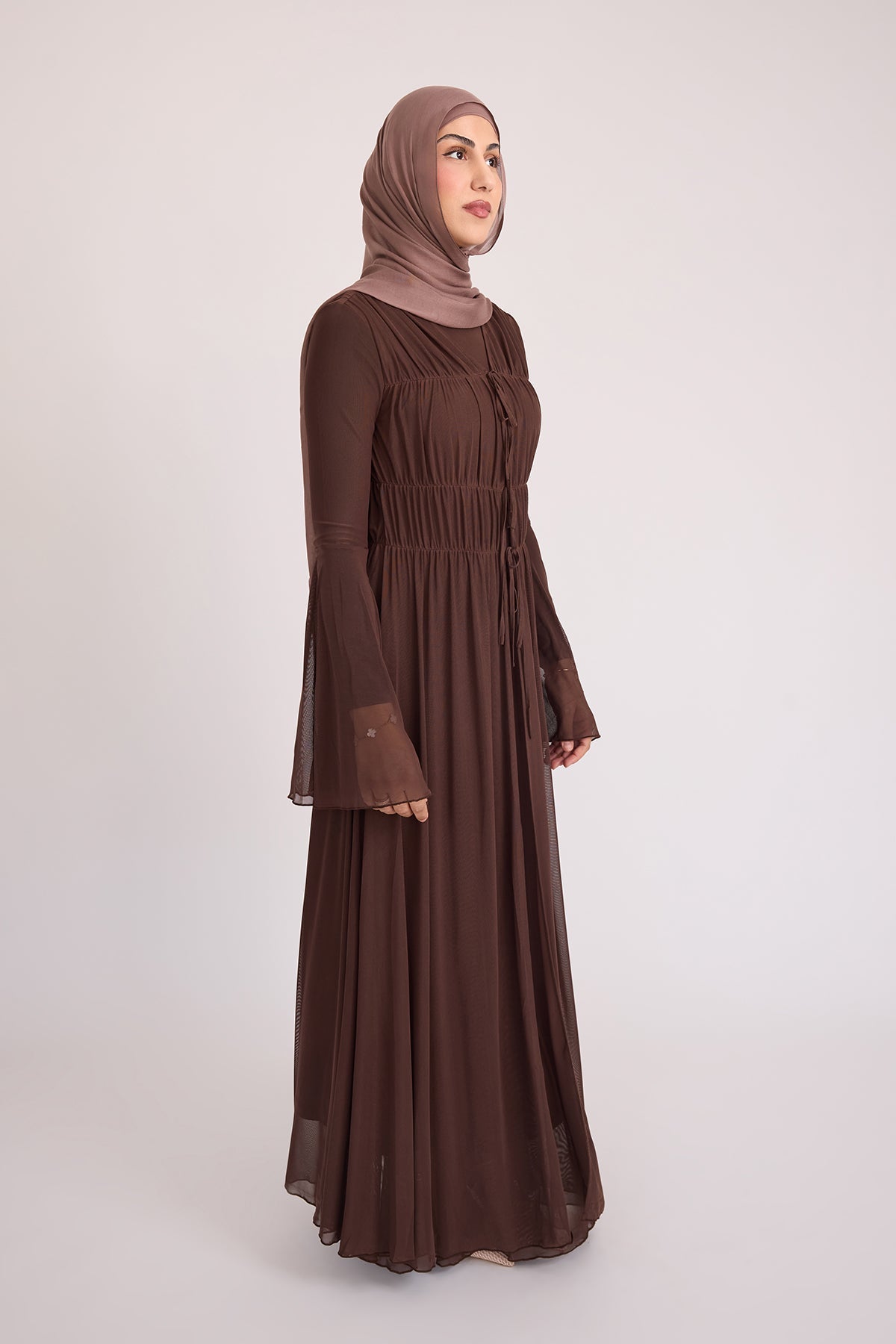 Hanadi Mesh Maxi Dress for Women - Elegant Brown Long Flowy Dress for Summer, Beach, Parties & Special Occasions