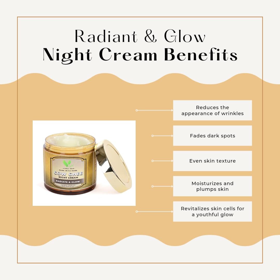 Vini's Herbal Cow Ghee Night Cream - Anti-Aging & Anti-Wrinkle Face Moisturizer for Glowing Skin | Brightening & Hydrating Cream for Nighttime Skincare Routine | Perfect for Dry & Mature Skin