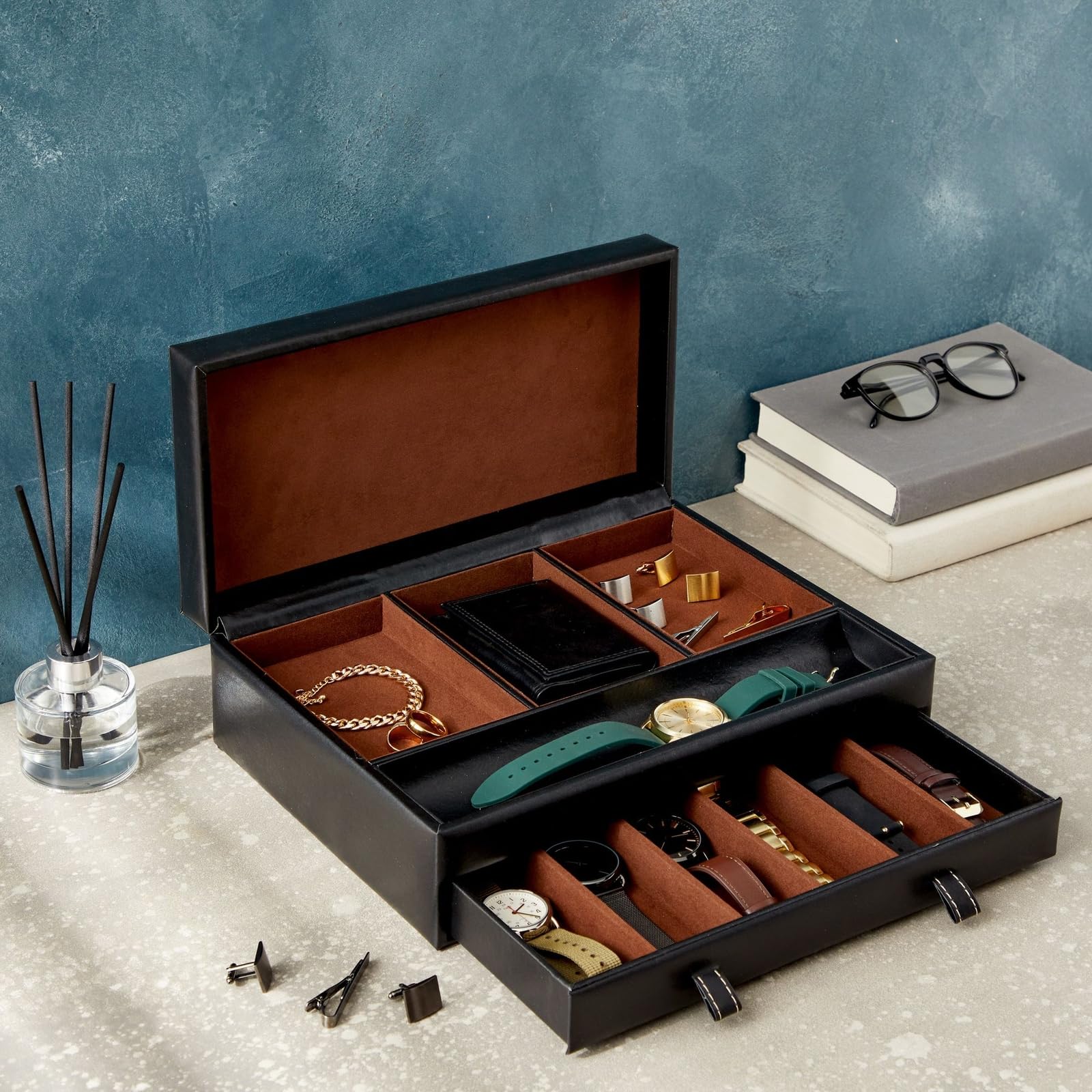 Juvale Faux Leather Men's Jewelry Organizer - Black Watch Box with Leather Valet Tray for Necklaces, Rings & Accessories - 12.6 x 9 x 4 Inch Home Storage Solution for Dresser, Closet & Travel