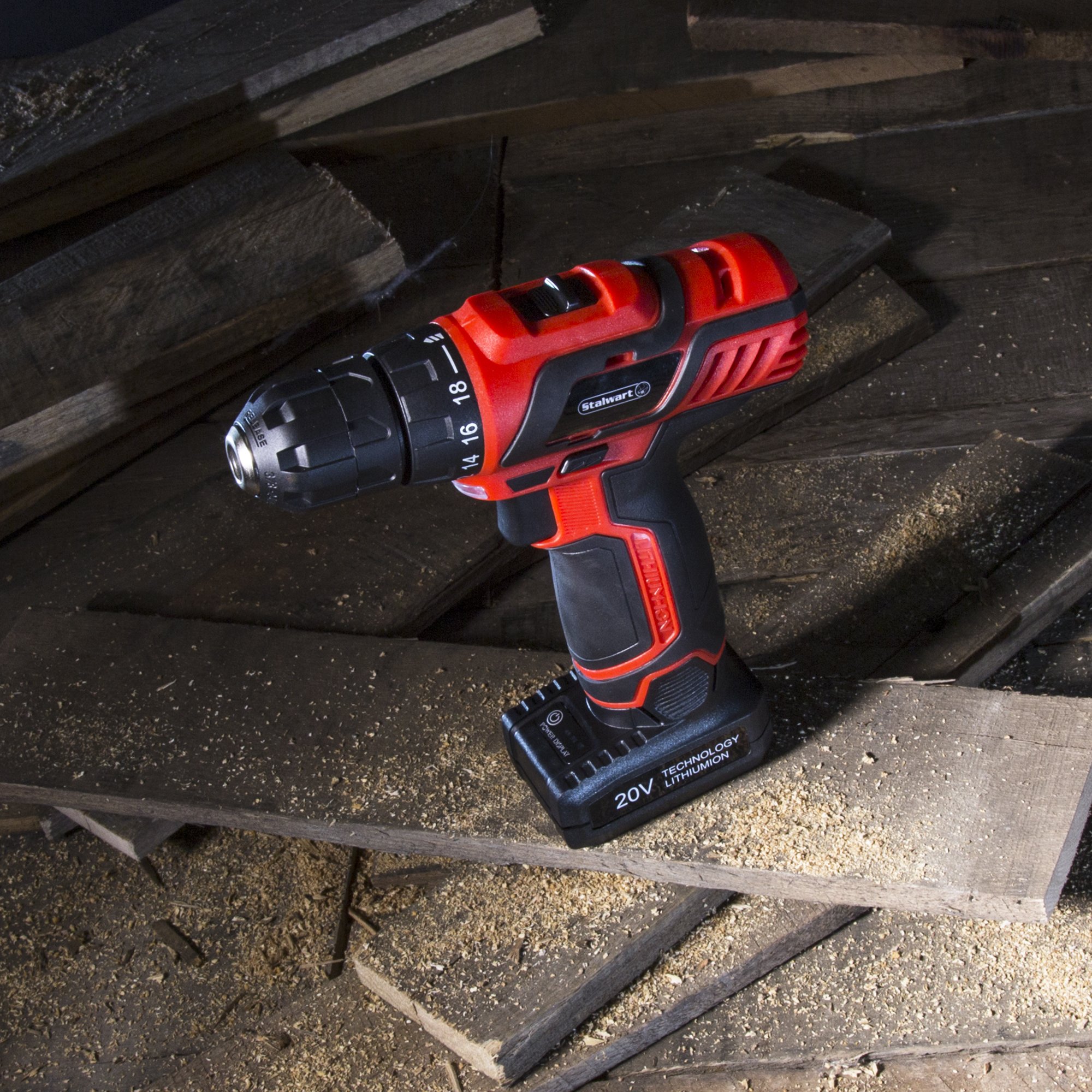65-Piece Cordless Drill and Accessory Kit with Rechargeable Battery, Flashlight, Drill Bit Set & Sockets - Stalwart Power Tools (Red) - Perfect for DIY Home Improvement, Woodworking, and Professional Construction Projects
