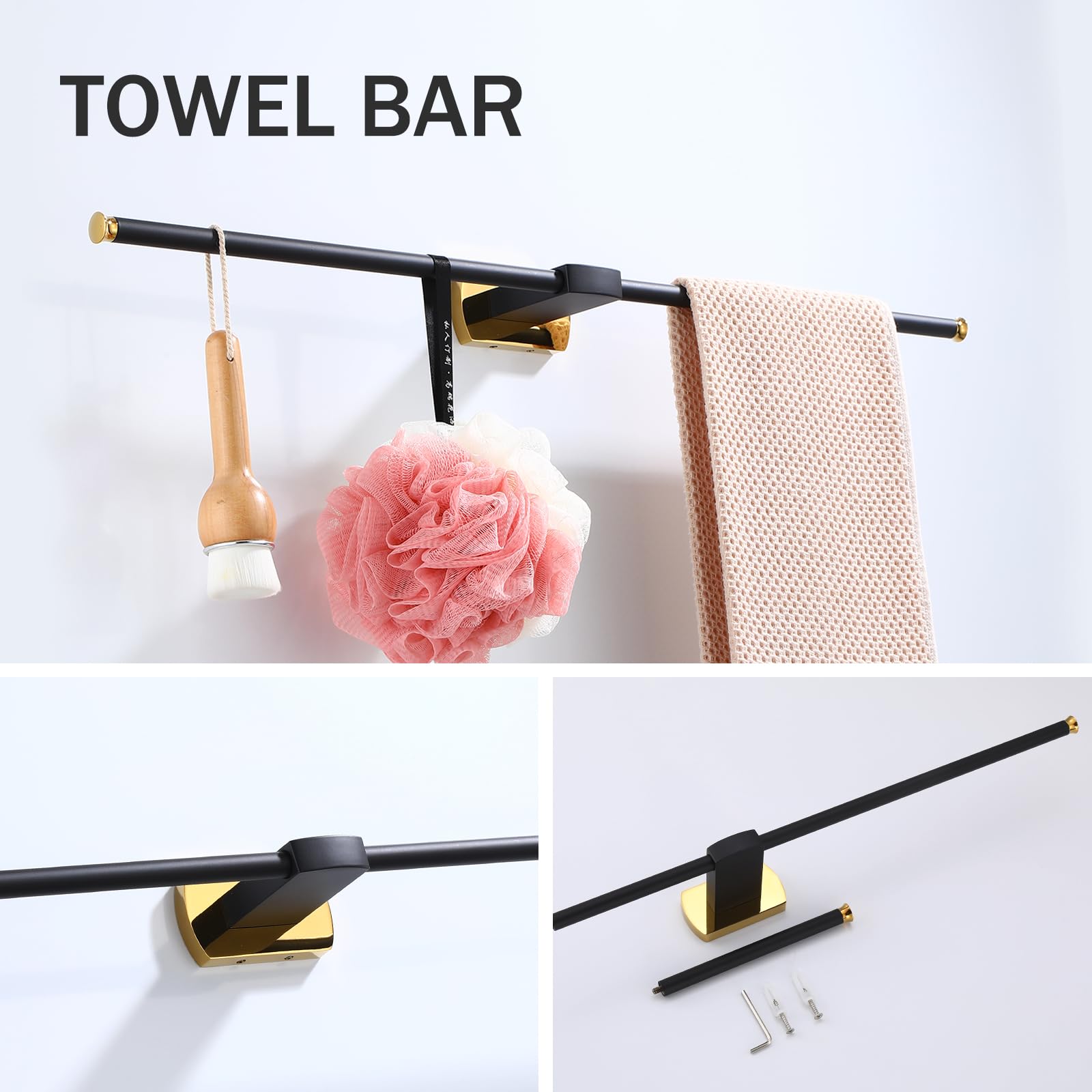 Premium 3-Piece Bathroom Hardware Set - Matte Black Zinc Alloy Towel Holder, Toilet Paper Stand & Wall-Mounted Ring with Gold Accents | Modern Bathroom Accessories for Home & Hotel Decor | Rust-Resistant & Easy Installation