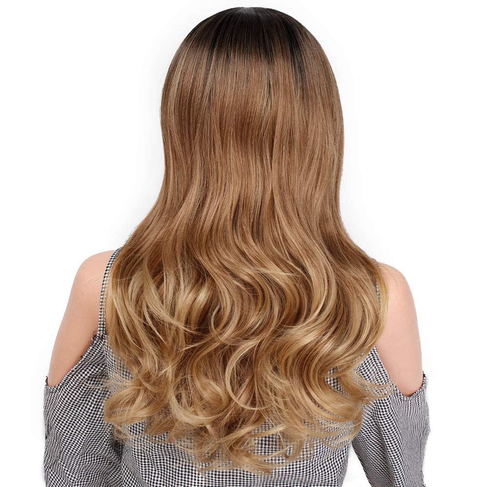 TRESSED UP Long Wavy Synthetic Hair Wig with Bangs - Ombre Dark Blonde Heat Resistant Wigs for Women | Perfect for Daily Wear, Cosplay & Party Occasions