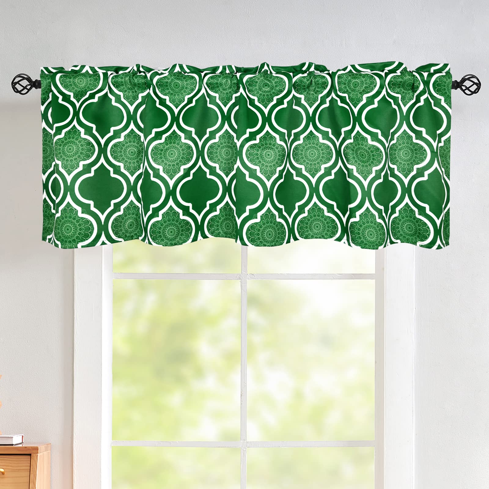 Luvyohmee Green Moroccan Valance Curtains - Floral Lattice Kitchen Window Treatment, 18 Inch Rod Pocket Valance Panel for Bathroom, Dining Room & Living Room - Perfect for Adding Boho Style to Windows & Covering Blinds