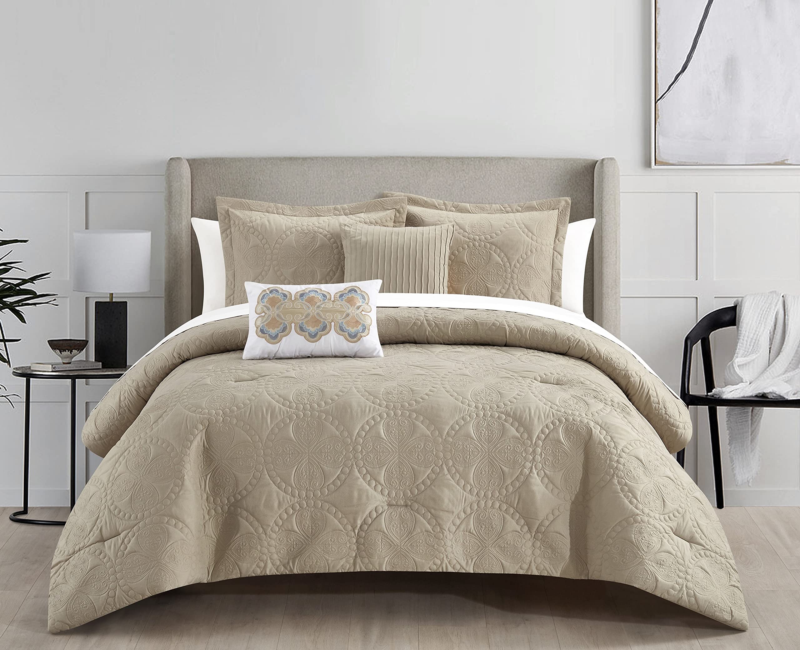 Chic Home Adaline 5-Piece King Comforter Set with Embroidered Design - Includes Decorative Pillows & Shams, Beige Bedding for Master Bedroom Luxury