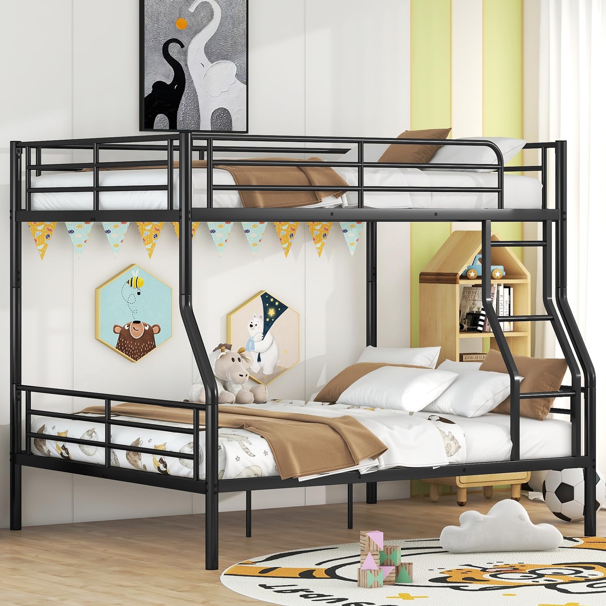 Full XL Over Queen Bunk Bed with Built-in Ladder & Guardrail - Heavy Duty Metal Convertible Bunk Bed for Kids, Teens & Adults - Space Saving Black Bunk Bed for Small Rooms, Dorms, Guest Rooms & Vacation Homes