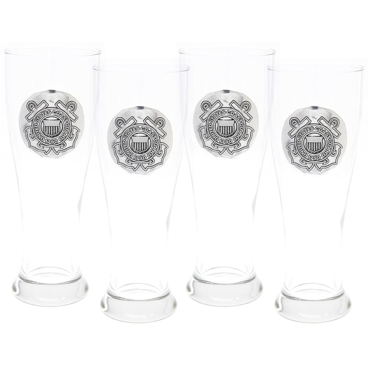Wendell August U.S. Coast Guard Pilsner Beer Glasses Set of 4 - 16oz Aluminum Trimmed Drinking Glasses - Unique Gift for Military Enthusiasts - Perfect for Parties, BBQs & Home Bars