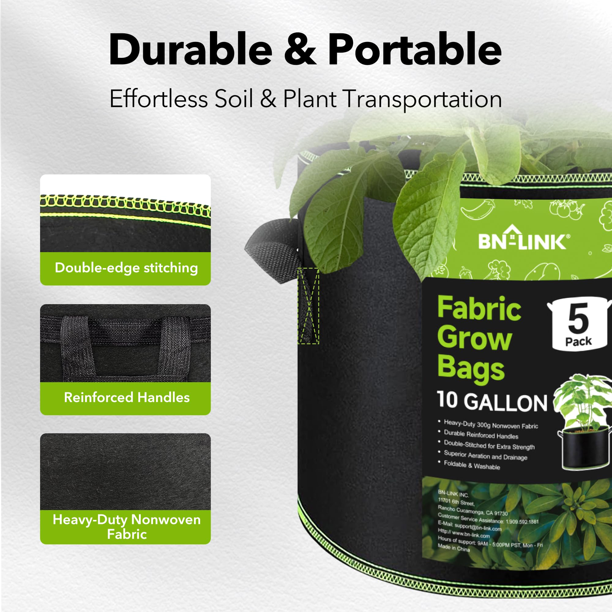 BN-LINK 5-Pack 10 Gallon Heavy Duty Aeration Fabric Grow Bags with Handles - Thickened Nonwoven Plant Pots for Vegetables, Flowers, Fruits - Ideal for Indoor/Outdoor Gardening, Raised Beds & Container Planting