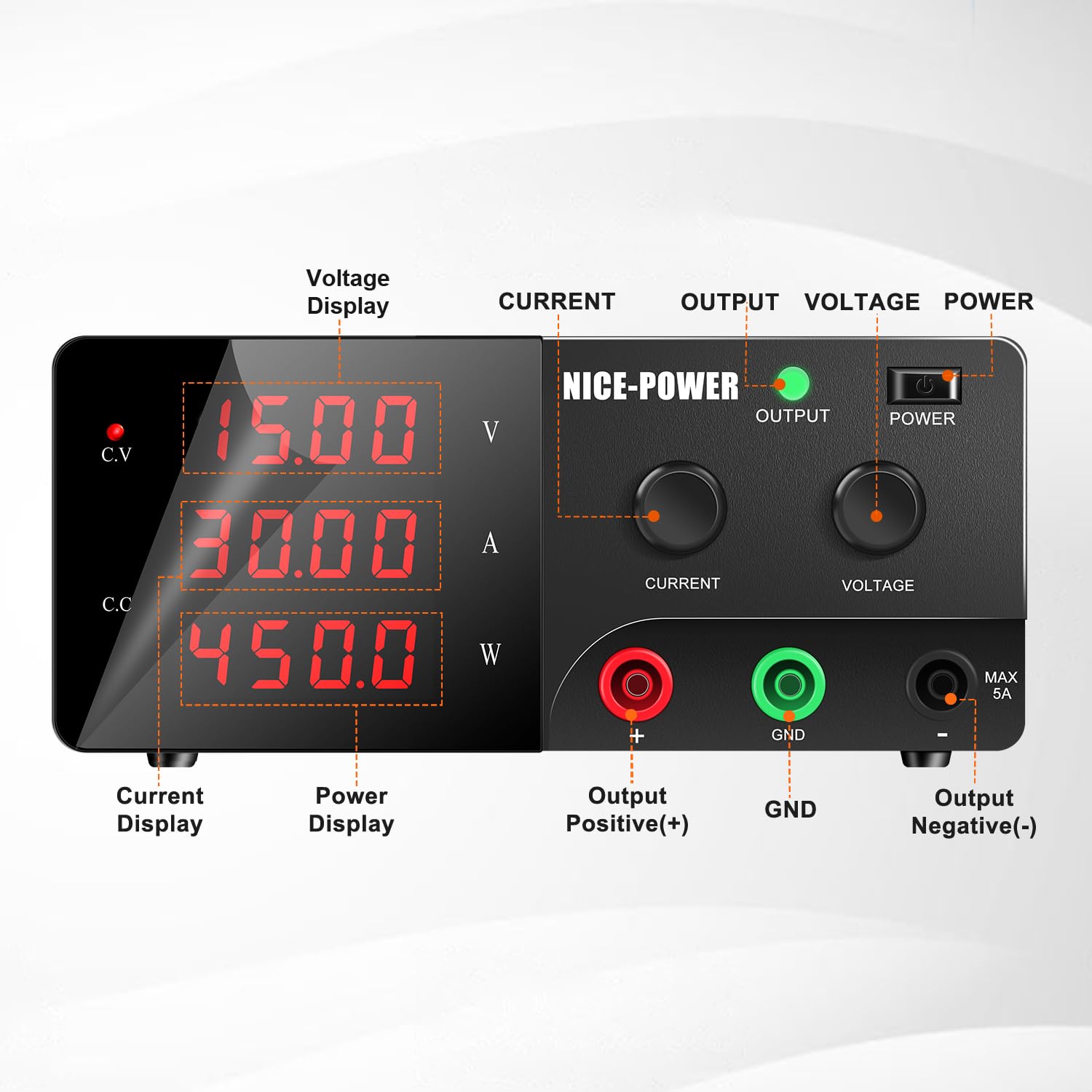 NICE-POWER 450W Adjustable DC Power Supply, 15V 30A Variable Lab Bench Power Supply with Encoder Knob & Output Switch - Precision Switching Regulated Power Supply for Electronics Repair, Testing, and DIY Projects | Ideal for Home Labs, Workshops, and Professional Use