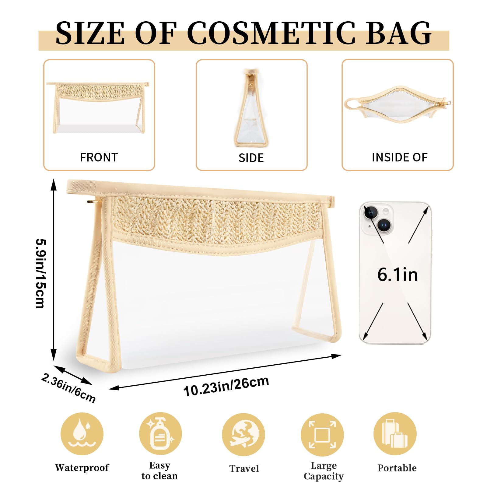 2 PCS Small Boho Straw Clear Makeup Bags for Women & Girls | Zipper Cosmetic Bag with Chenille Varsity Letter Patch | Preppy Cute Toiletry Pouch | Trendy Organizer Storage Bag for Beach, Travel, Gym & Daily Essentials