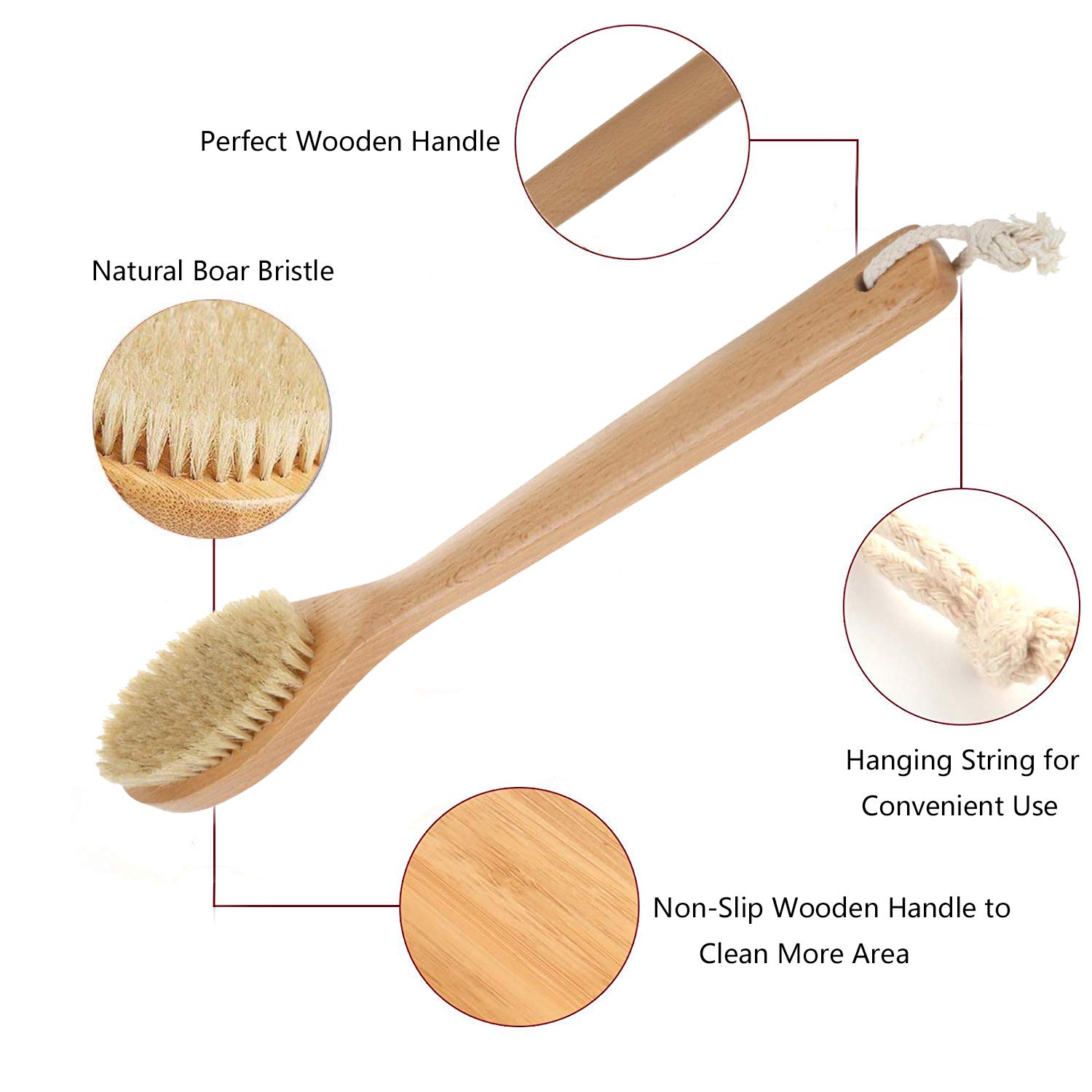 Natural Bristle Bath & Body Brush with Long Handle - Exfoliating Back Scrubber for Shower, Improves Blood Circulation & Skin Health - Perfect for Spa, Self-Care & Deep Cleansing Routines