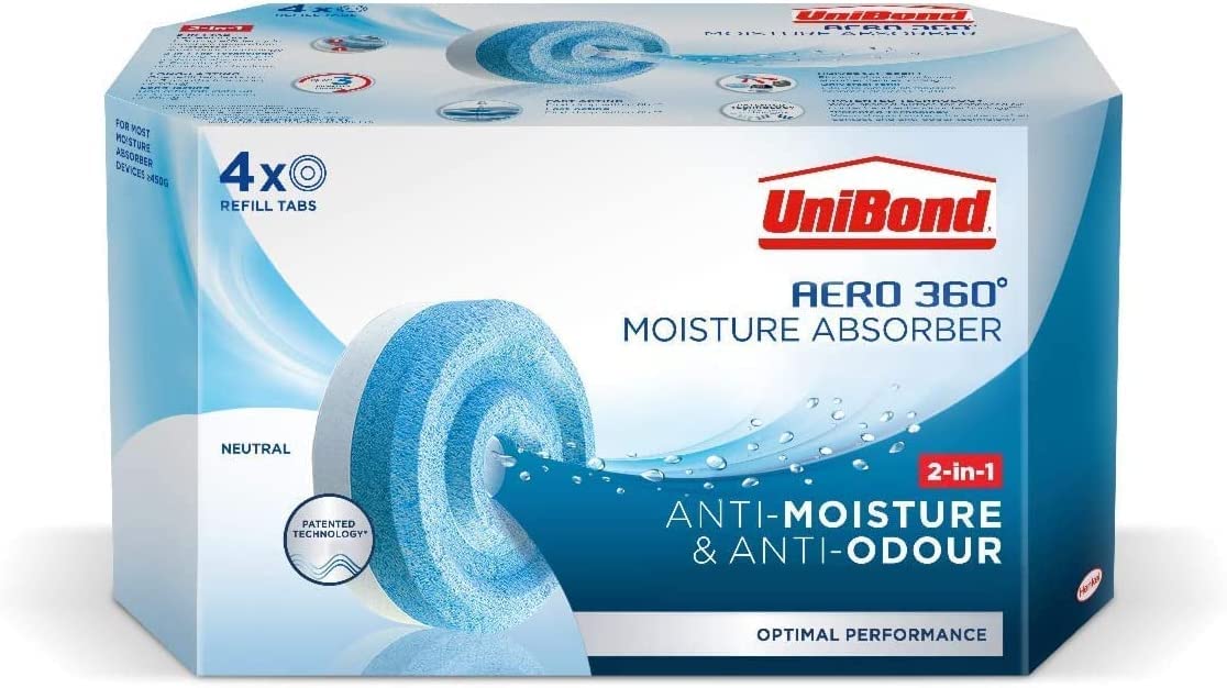 UniBond AERO 360° Moisture Absorber Refill Tabs - Ultra Absorbent & Odor Neutralizing for Dehumidifiers (4-Pack, 450g Each) - Ideal for Basements, Closets, RVs & Boats to Prevent Mold & Musty Smells