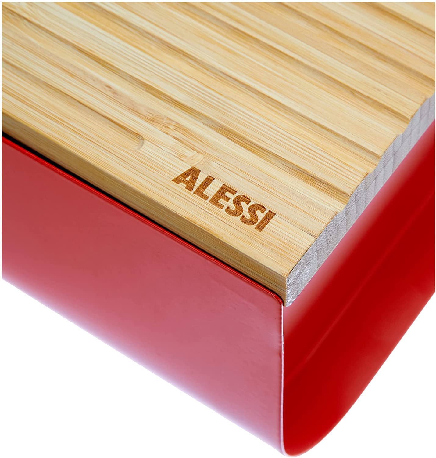Alessi BG03 R Mattina Bread Box - Stainless Steel with Epoxy Resin & Bamboo Cutting Board - Red - Perfect for Kitchen Storage & Countertop Organization