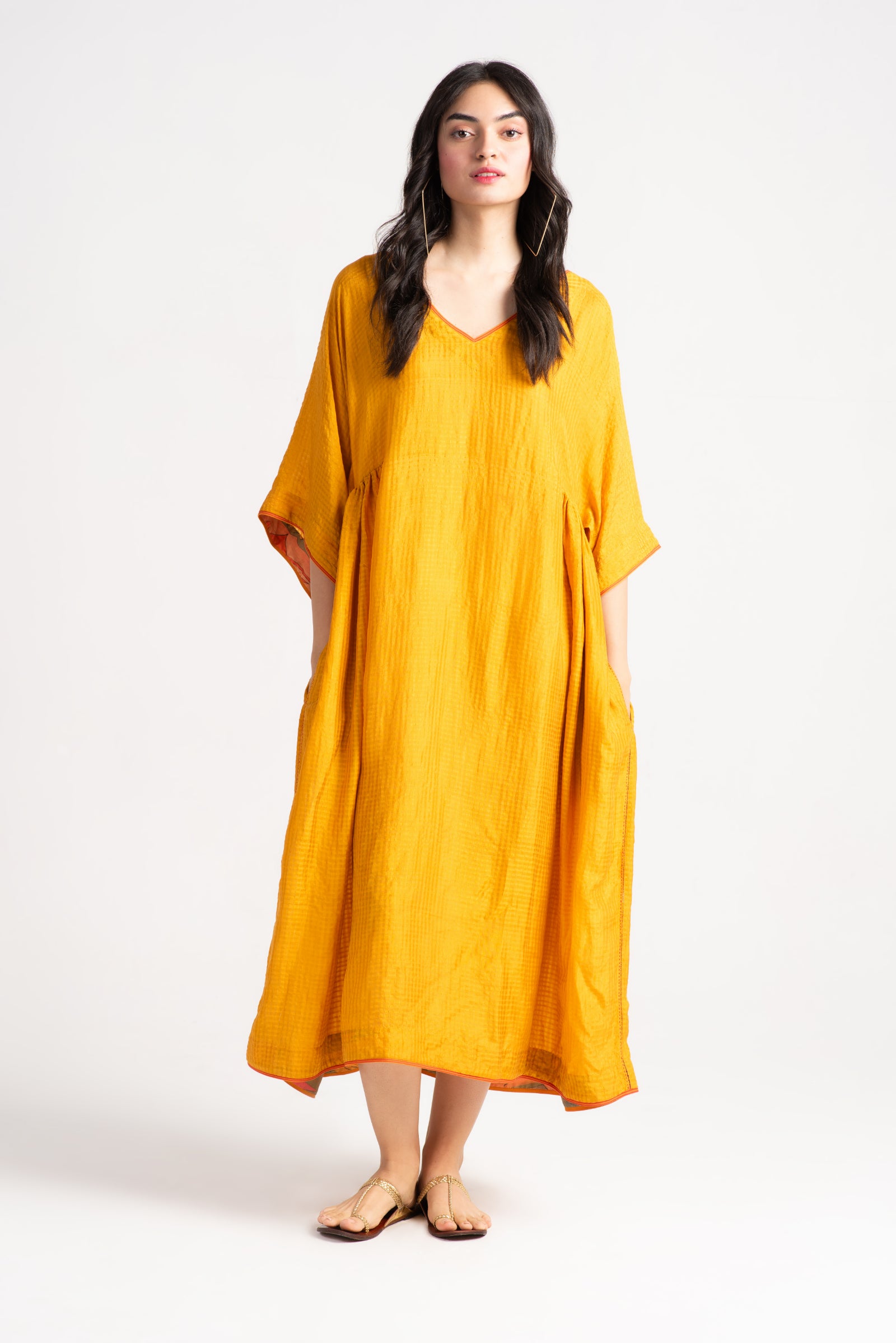 Bandini Silk Check Mustard Dress - Elegant & Comfortable Women's Silk Dress for Party, Wedding & Special Occasions