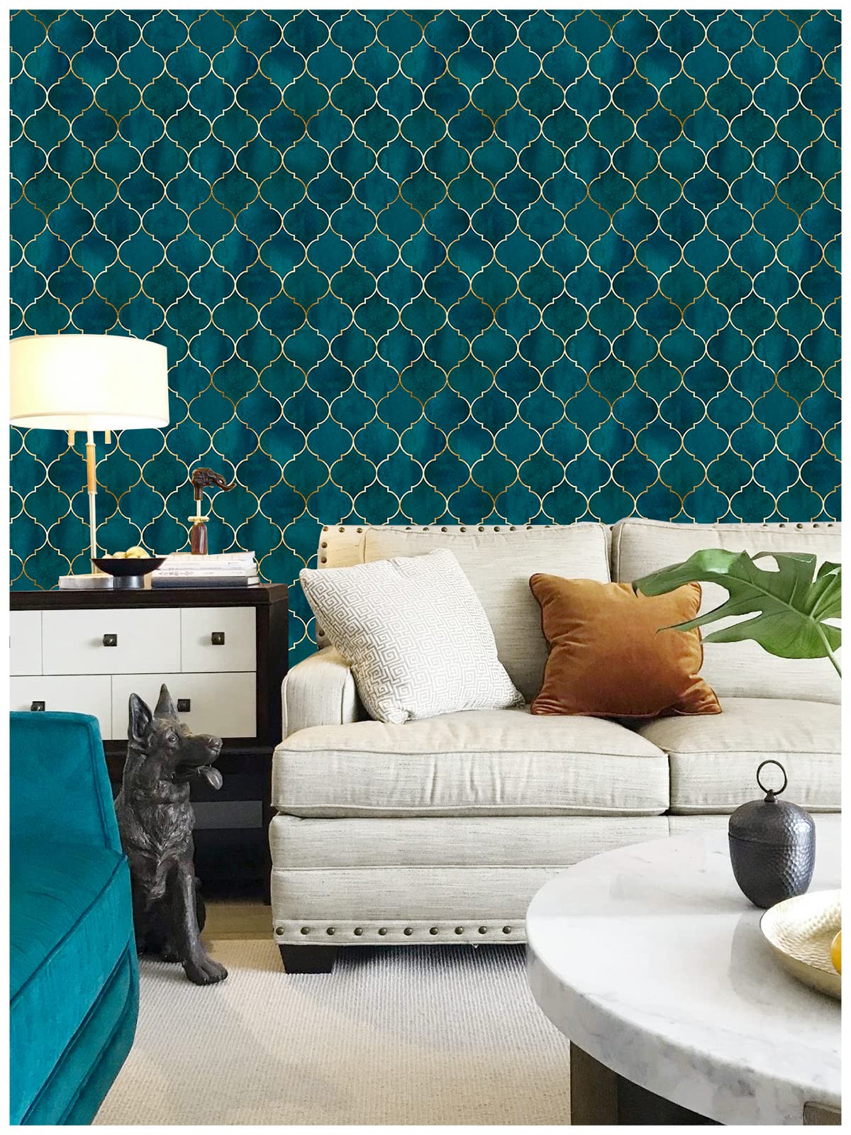 HaokHome Peel and Stick Wallpaper - Self-Adhesive Removable Wallpaper for Home & Bathroom Decor (17.7x118 inches) - Trellis Pattern in Emerald Green, Sapphire Blue & Gold - Perfect for Accent Walls, Nursery, Kitchen Backsplash & Rental Apartment Makeovers