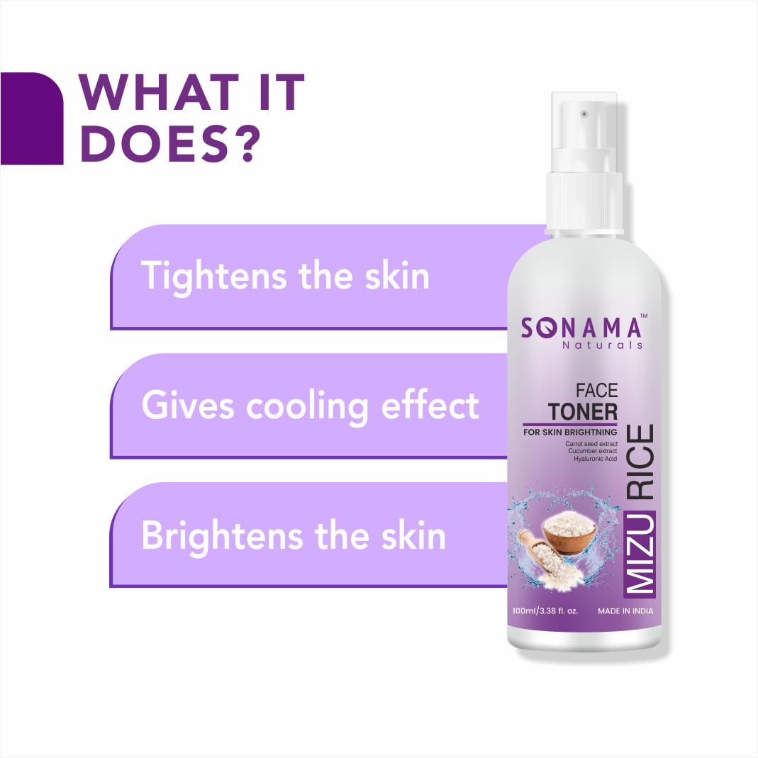 Sonama Naturals Mizu Rice Water Face Toner for Glowing Skin - Hydrating Toner Spray with Hyaluronic Acid & Cucumber Extract | Brightening Facial Toner for Oily & Combination Skin | Men & Women | 100ml | Perfect for Daily Skincare Routine & Travel