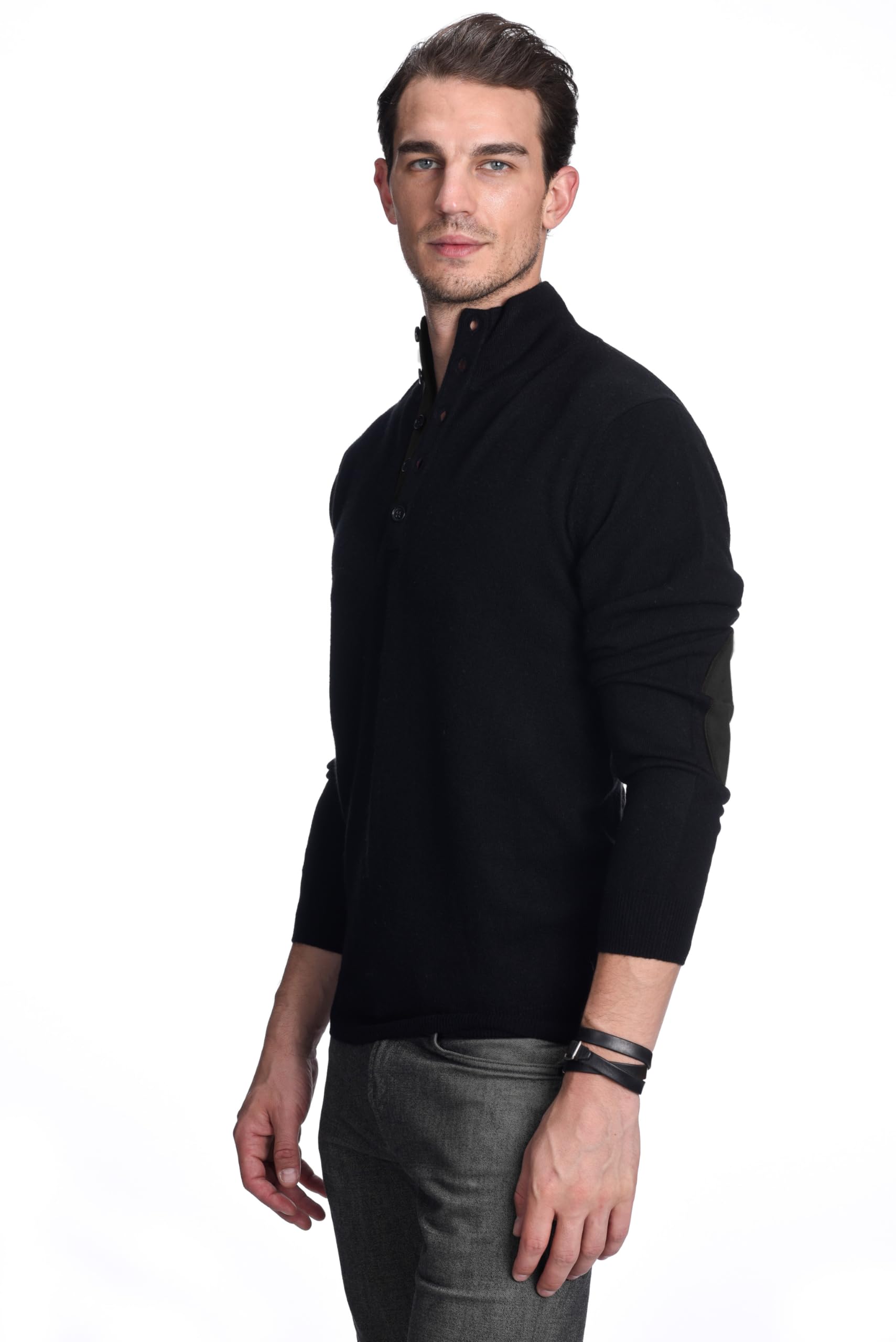 Premium 100% Pure Cashmere Men's Mock Neck Sweater - Soft Button-Up Long Sleeve Polo Pullover with Quarter Collar | Perfect for Office, Date Night & Winter Layering