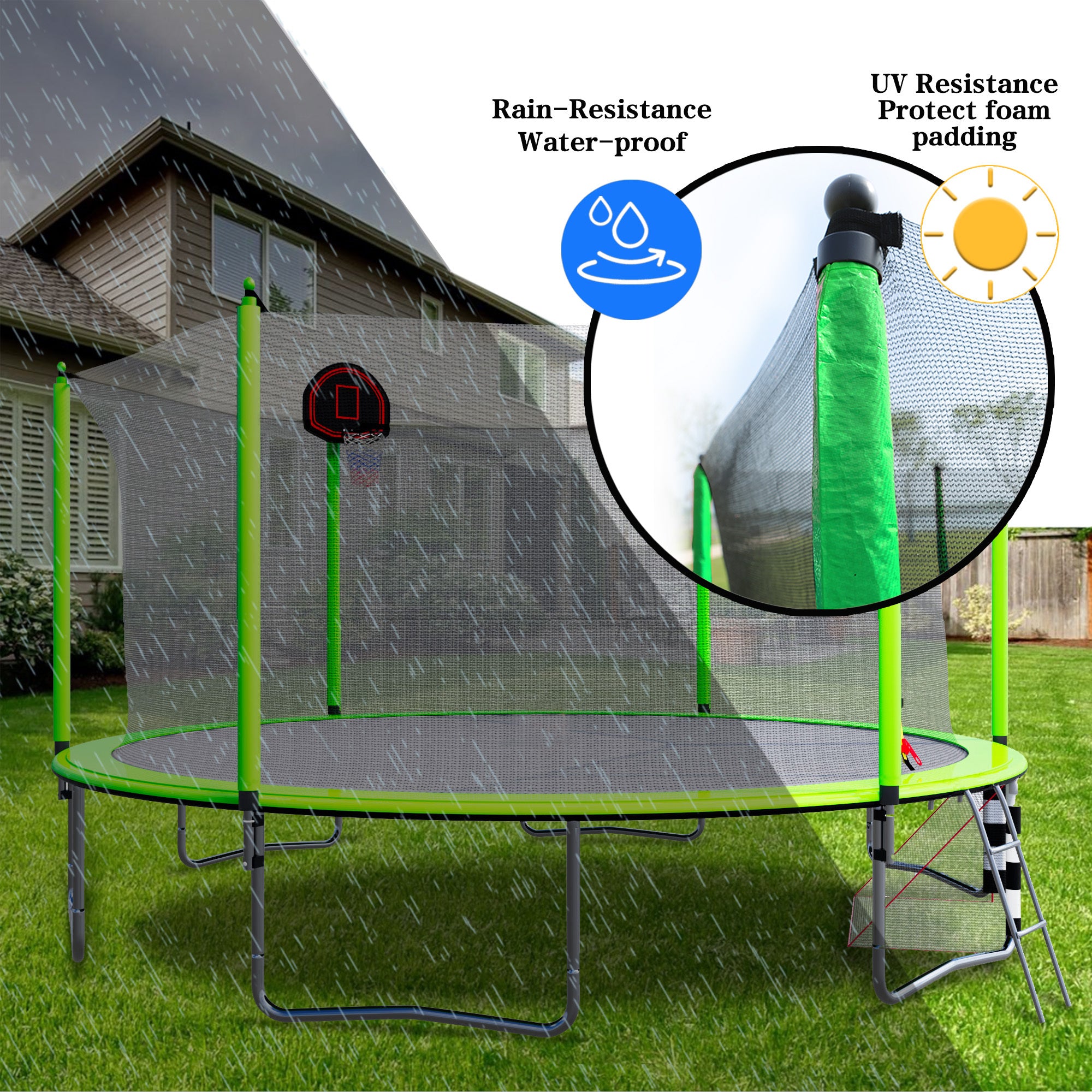 16FT Trampoline with Basketball Hoop, Air Pump & Ladder - Includes Safety Enclosure Net & Soccer Goal - Outdoor Backyard Fun for Kids & Family - Perfect for Exercise, Playtime & Birthday Parties (Green)