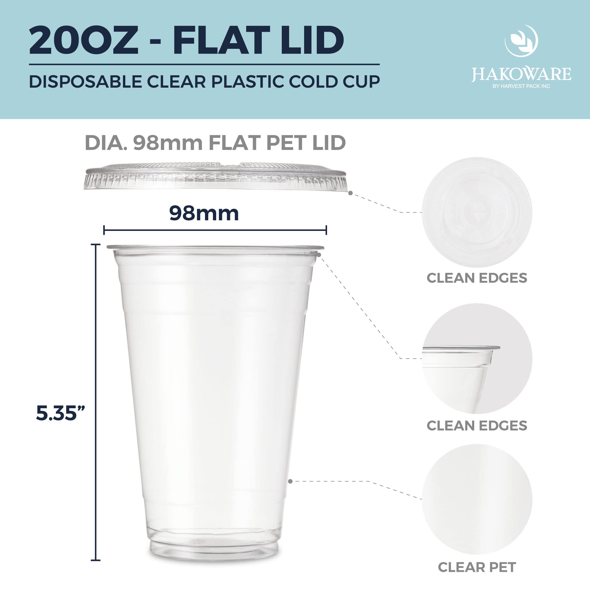[1000 SET] HAKOWARE 20 oz Ultra Clear Disposable Plastic Cups with Flat Lids - Bulk Cold Drink Tumblers for Wedding, Party, Iced Coffee, Beer & Juice - Perfect for Catering, Events & Outdoor Gatherings
