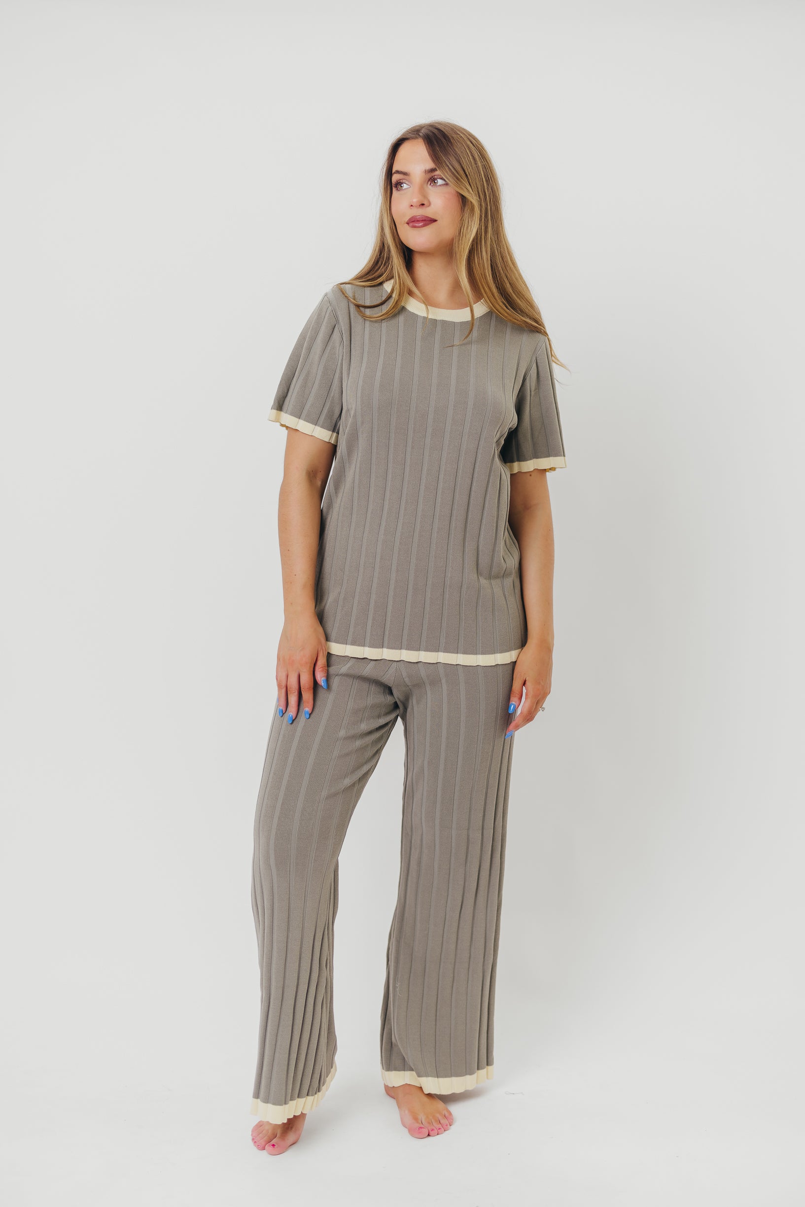 Adele Ribbed Knit Top and Pants Set in Dusty Olive | Women's Casual Outfit for Fall & Winter | Perfect for Work, Travel, and Everyday Wear