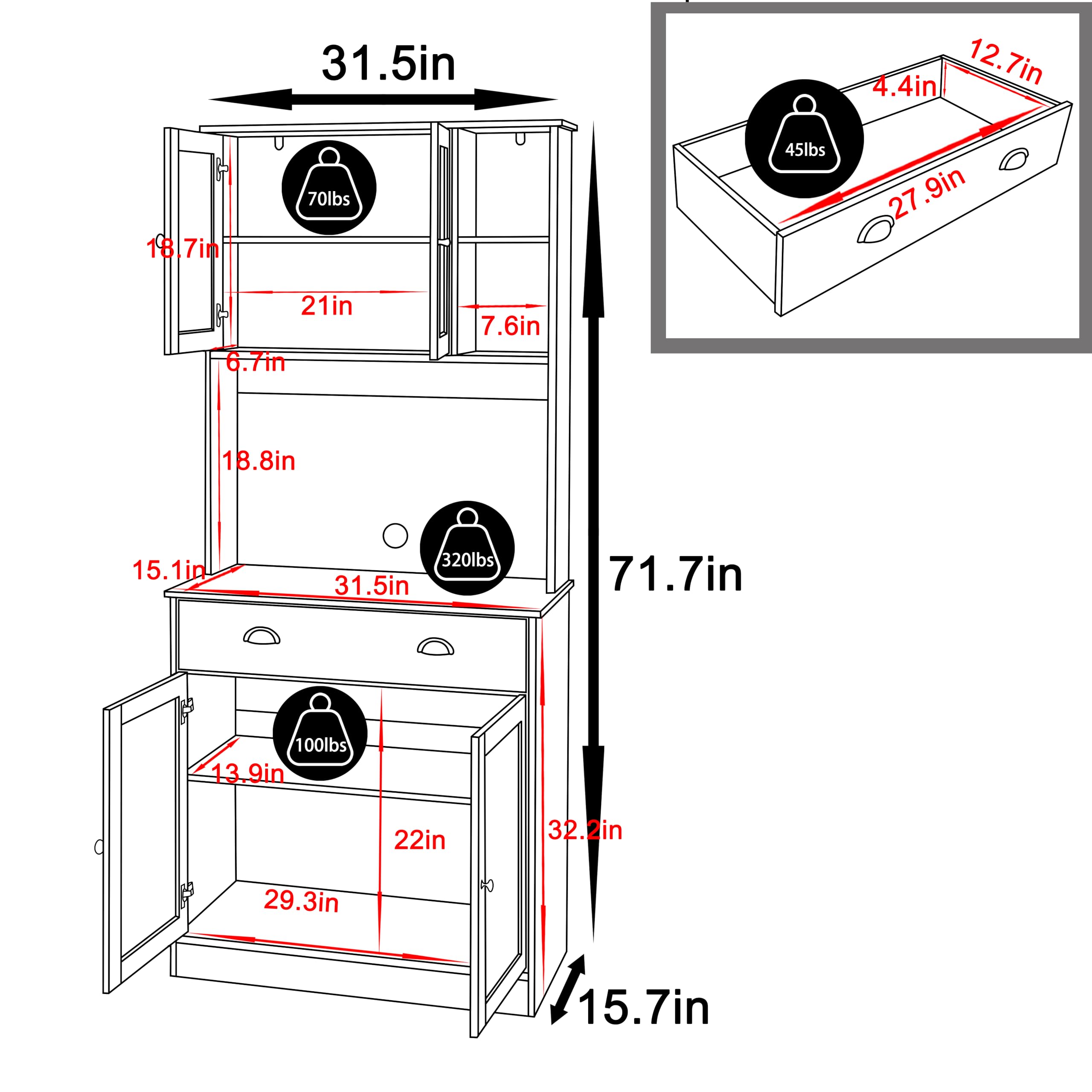 VEIKOU 72 Inch Kitchen Pantry Storage Cabinet with Buffet Hutch - Freestanding Organizer with Glass Doors & Adjustable Shelves - Black Modern Kitchen Cabinet with Upgraded Metal Hinges - Perfect for Dining Room, Kitchen Storage, and Home Organization