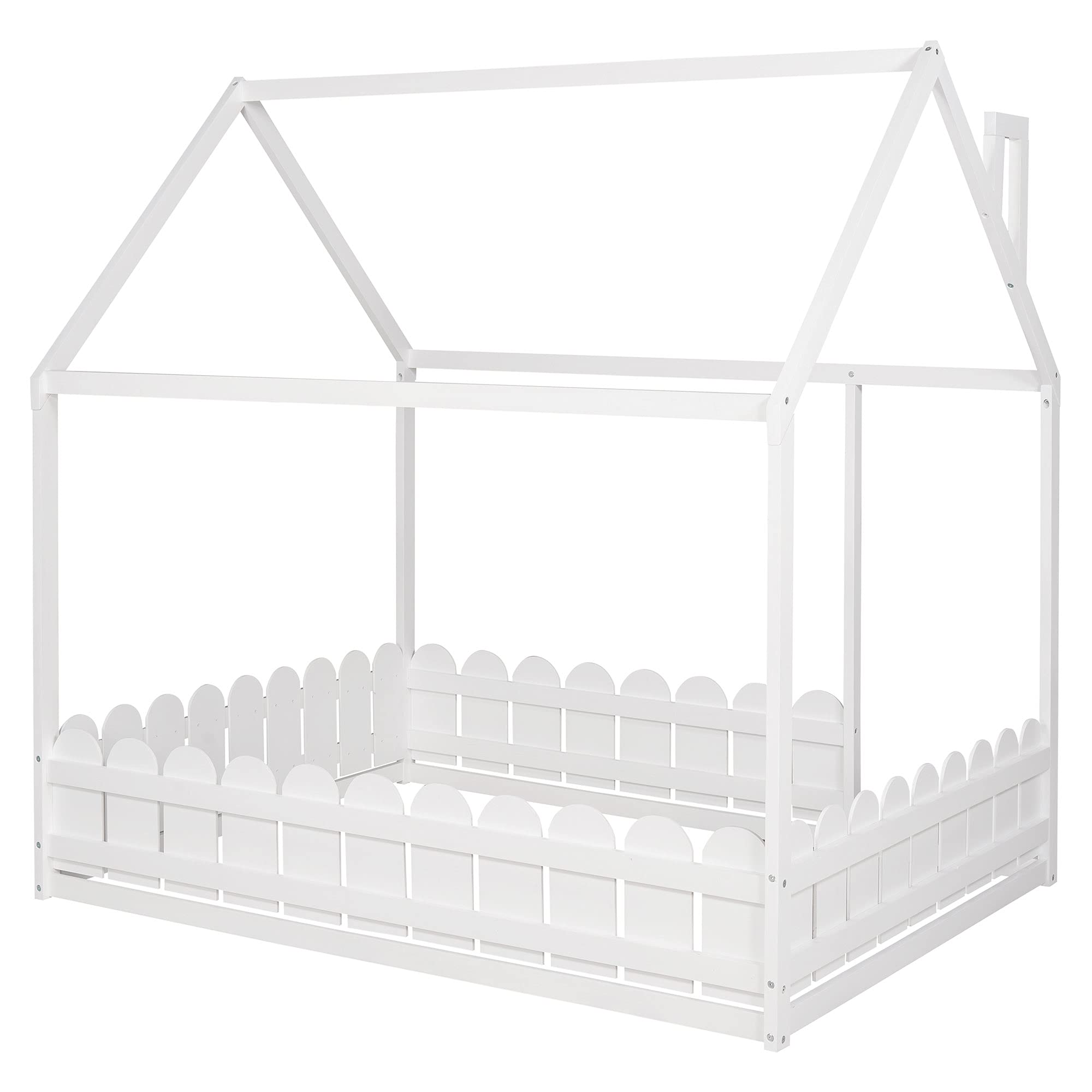 **Kids House Bed with Fence-Shaped Guardrails - Twin Size Floor Bed for Toddlers, Teens, Boys & Girls - High Weight Capacity - Full White - Perfect for Bedrooms, Playrooms & Montessori Spaces**
