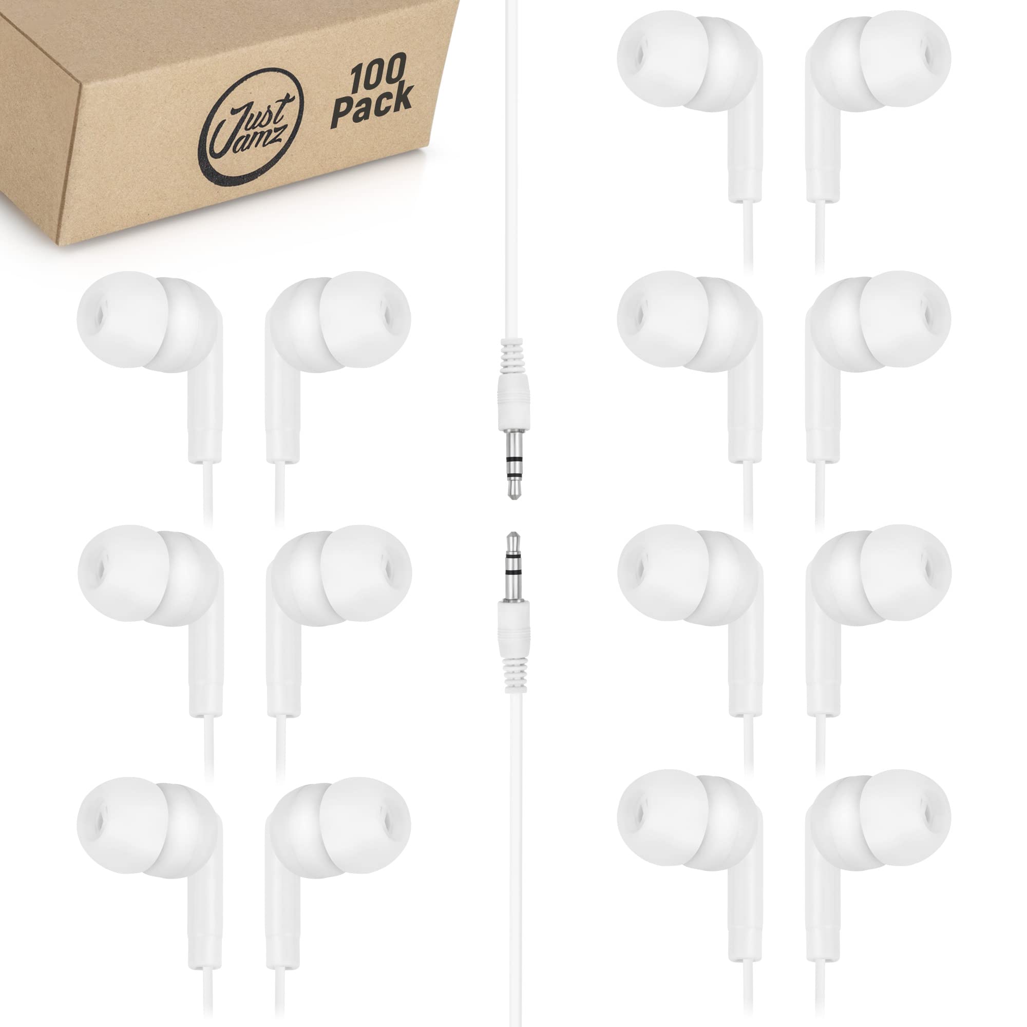 100 Pack Bulk Basic Pearl White In-Ear Earbuds | Disposable 3.5mm Jack Headphones for School, Classroom, Library | Affordable Audio Earphones for Kids, Students & Teachers | Perfect for Online Learning, Study Sessions & Quiet Environments