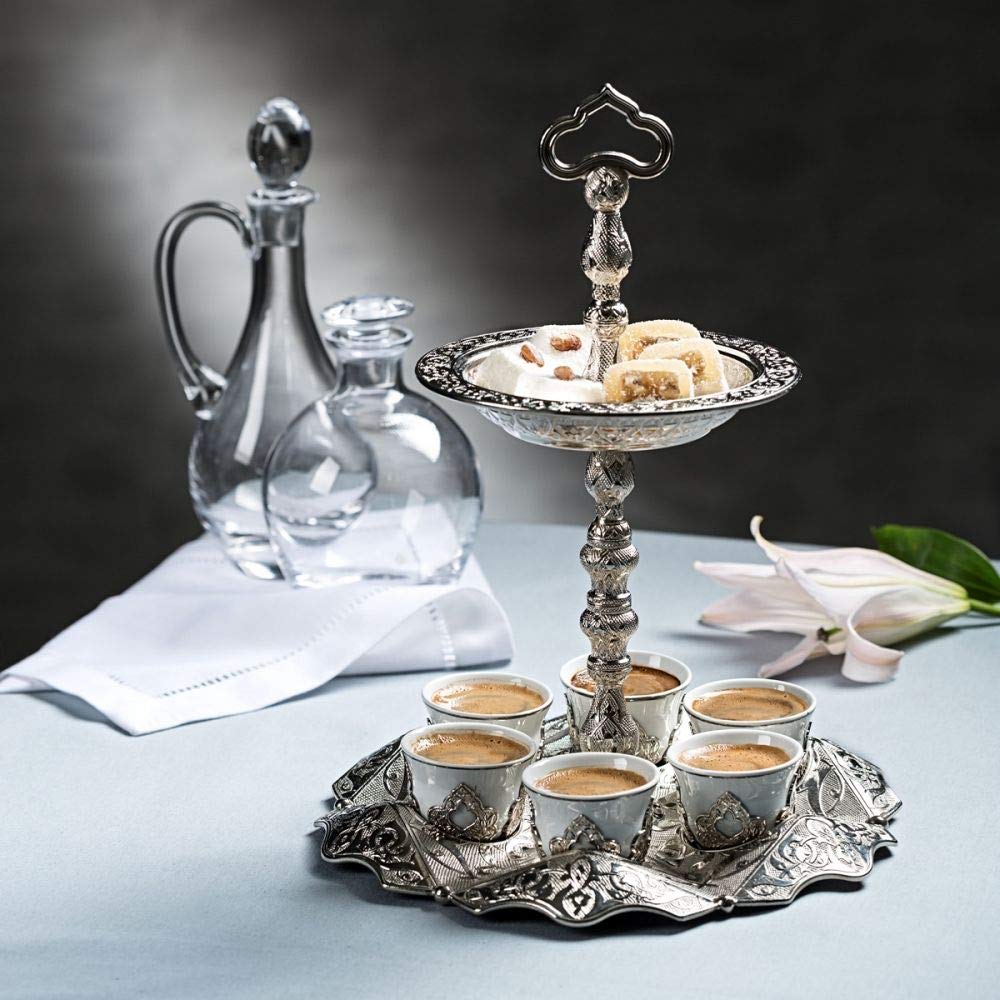 Premium Turkish Coffee Set - Silver Mırra Espresso Cups with Serving Tray | Authentic Ottoman Greek Arabic Coffee Gift Set | Perfect for Home Entertaining & Traditional Coffee Ceremonies