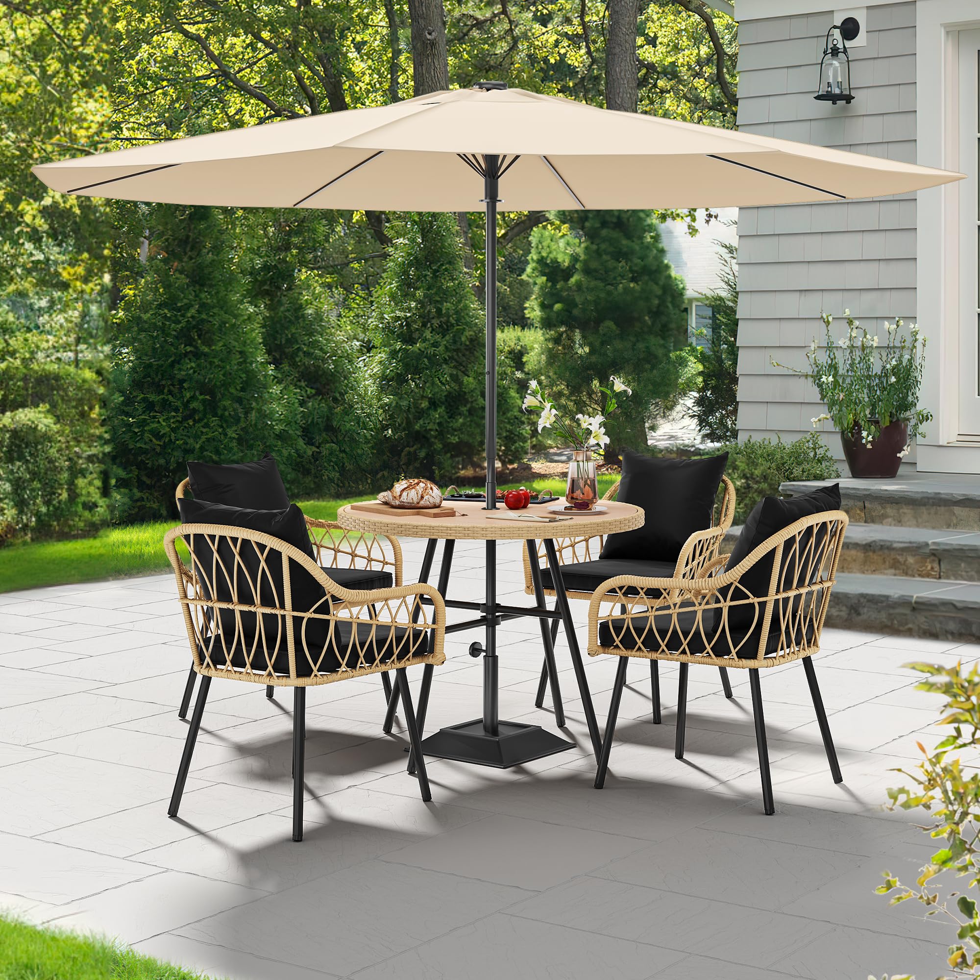 YITAHOME 4-Piece Patio Chairs Set, All-Weather Wicker Outdoor Dining Chairs with Comfortable Cushions, Light Brown & Black Rattan Conversation Chairs for Backyard, Deck, Garden, and Poolside Relaxation