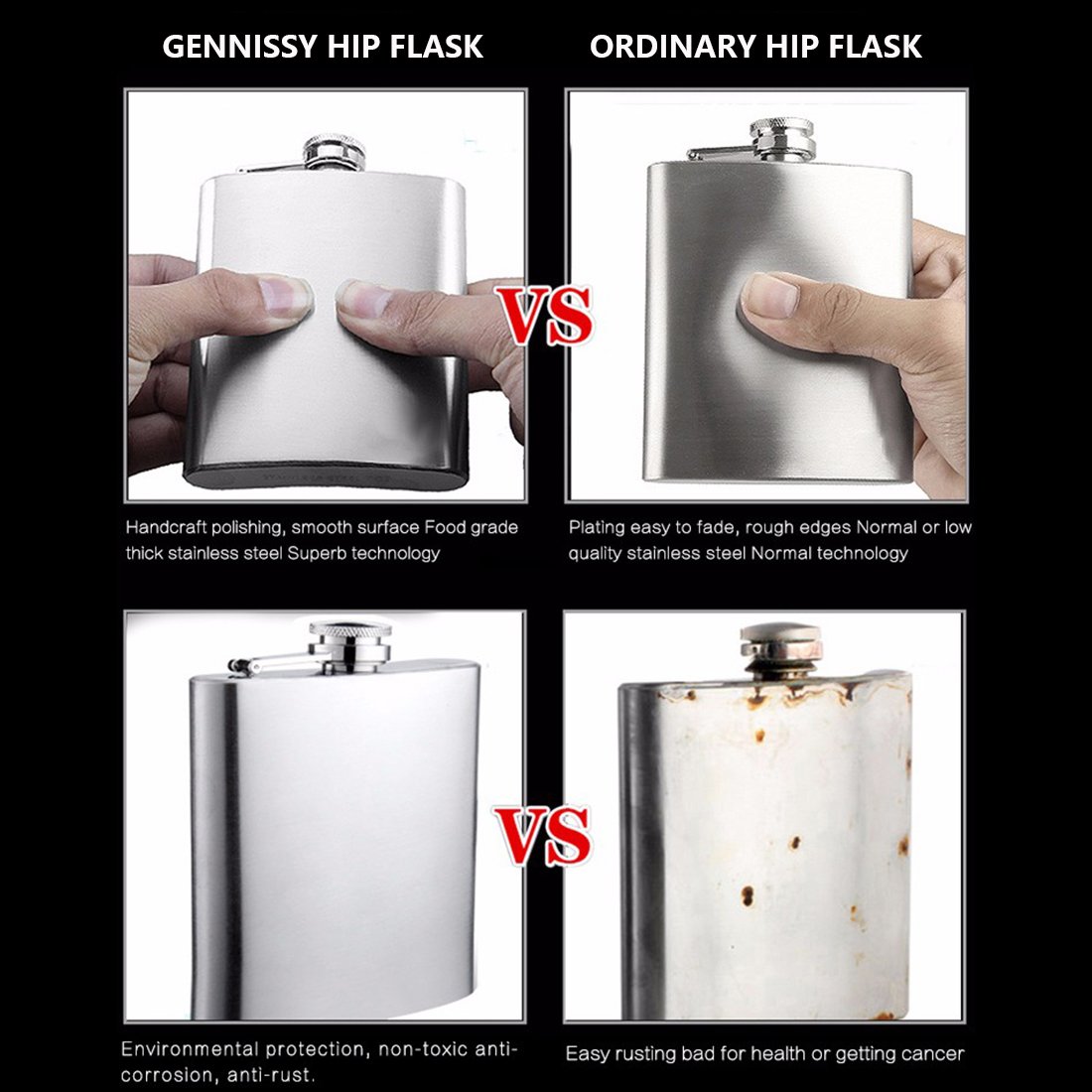 GENNISSY 12OZ Stainless Steel Hip Flask - 18/8 Silver Liquor Flask with Funnel, Leakproof & Durable Drinking Vessel for Whiskey, Bourbon, Vodka - Perfect for Outdoor Adventures, Camping, Gifts & Parties