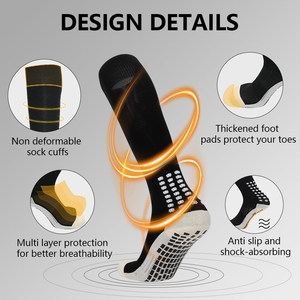 4 Pair Non-Slip Grip Soccer Socks for Men - Knee High Football & Baseball Sports Socks with Anti-Slip Pads for Enhanced Performance on Field & Court